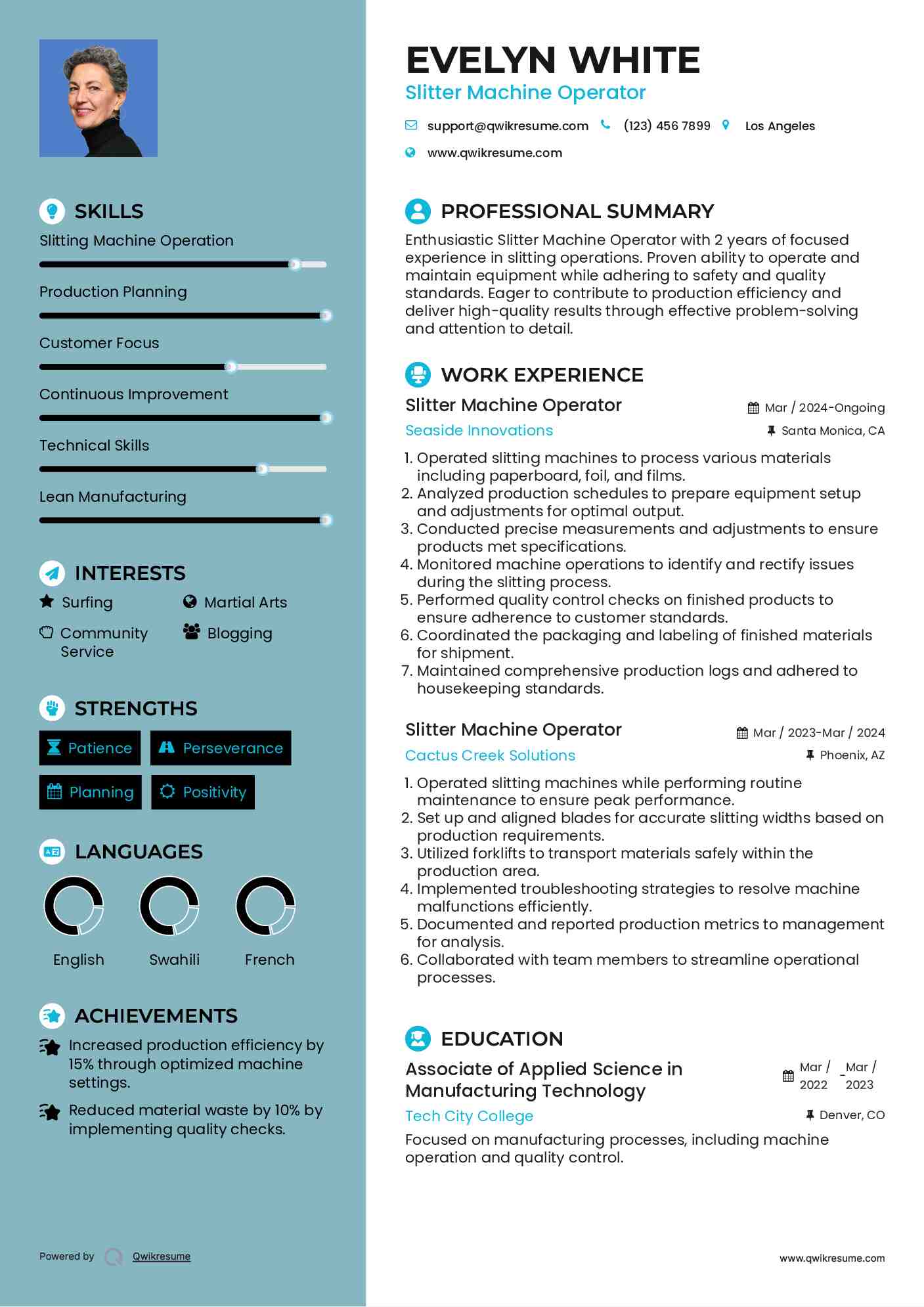 Slitter Machine Operator Resume Example