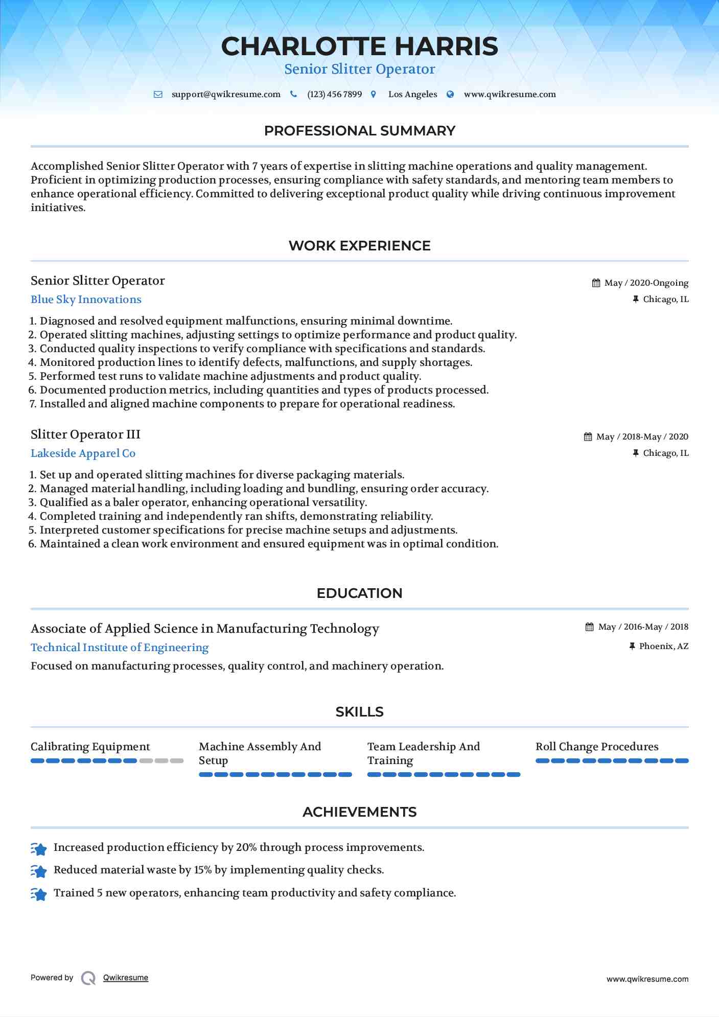 Senior Slitter Operator Resume Model