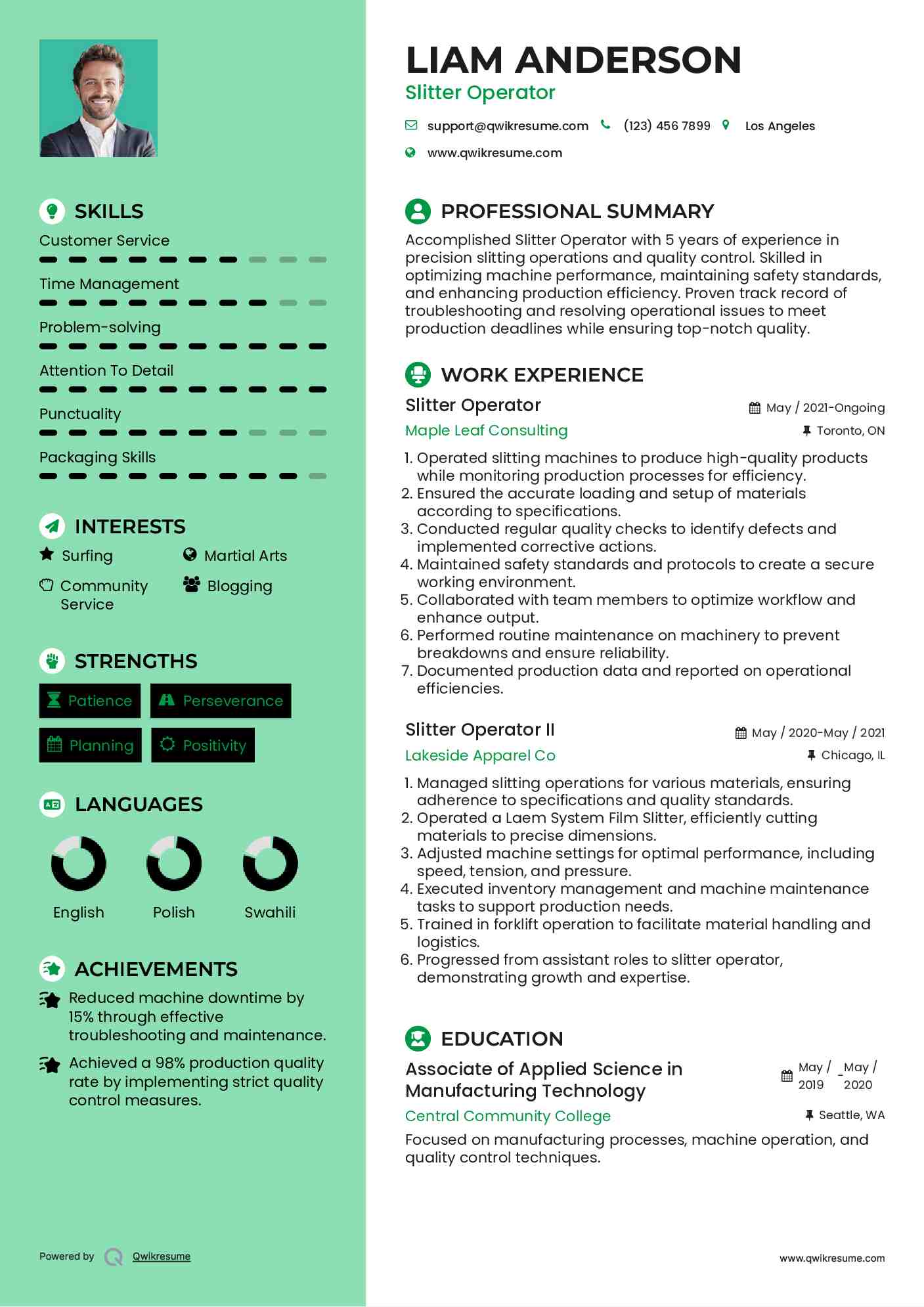 Slitter Operator Resume Sample