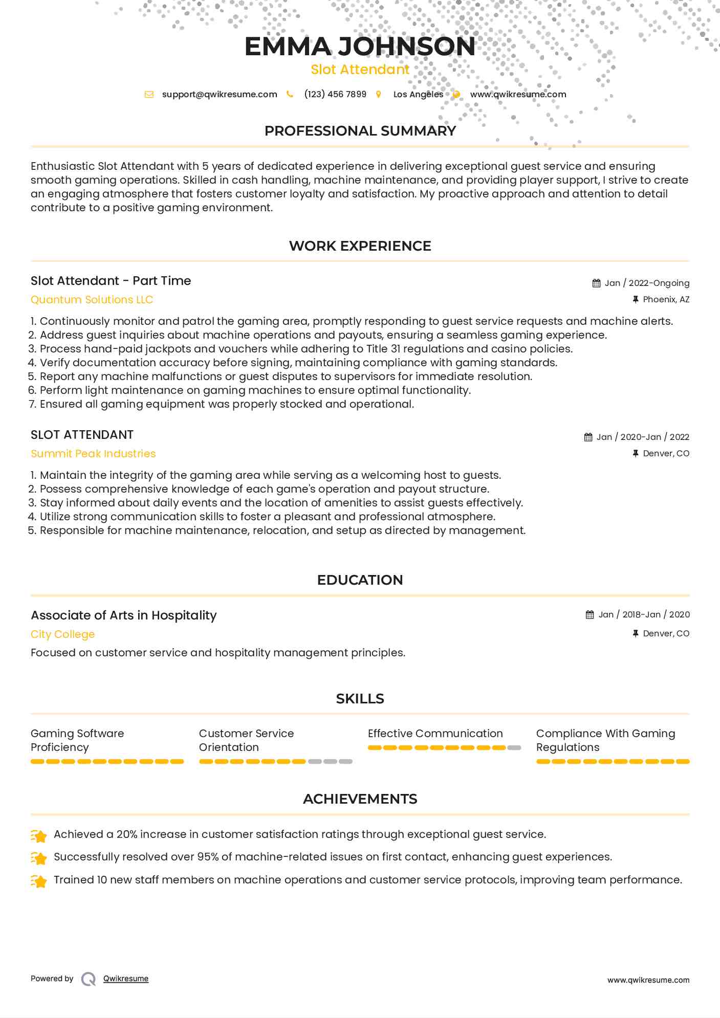 slot attendant resume samples qwikresume gaming attendant resume