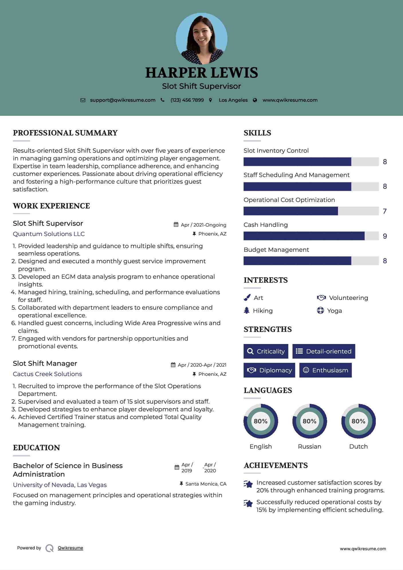 Slot Shift Supervisor Resume Model