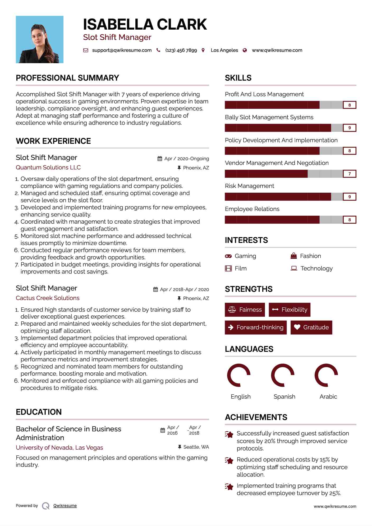 Slot Shift Manager Resume Model