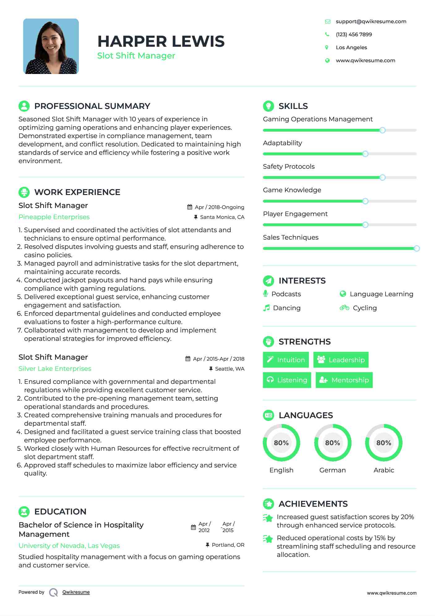 Slot Shift Manager Resume Sample