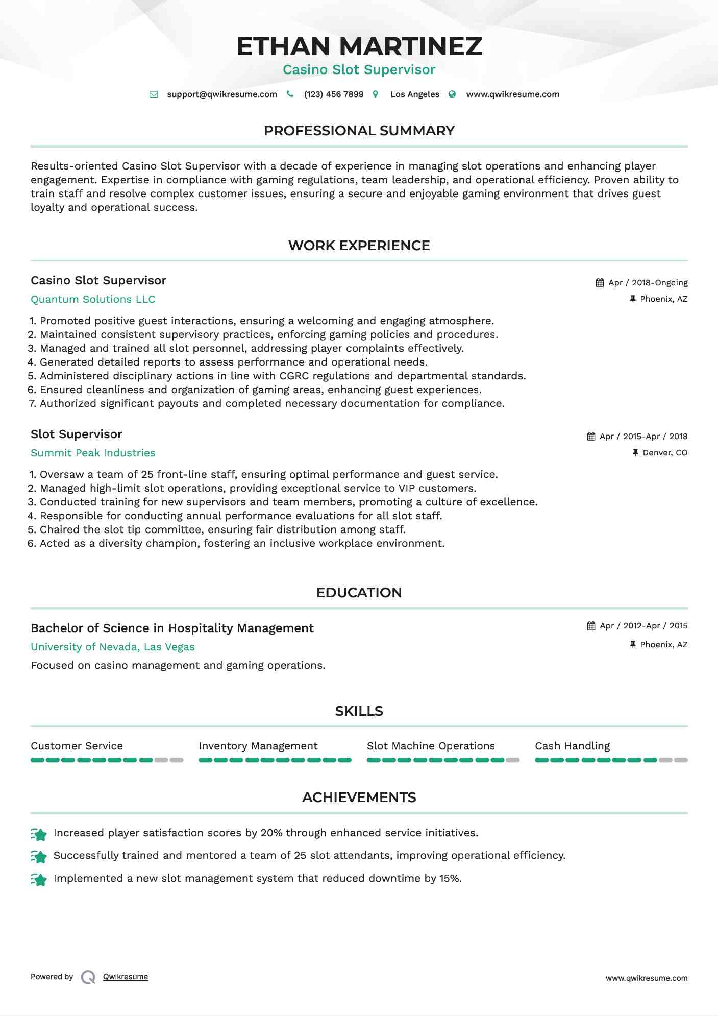 Casino Slot Supervisor

 Resume Model
