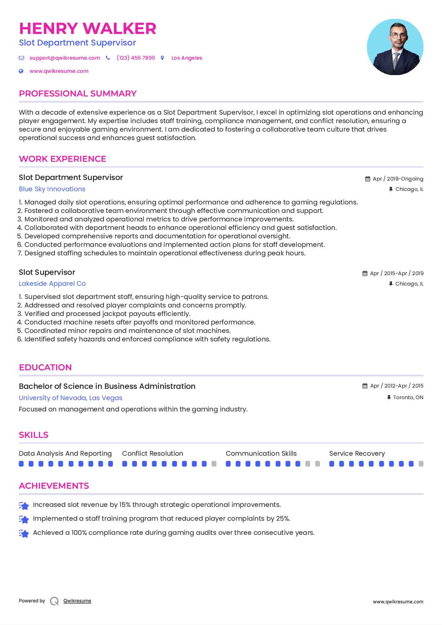 Slot Department Supervisor Resume Format