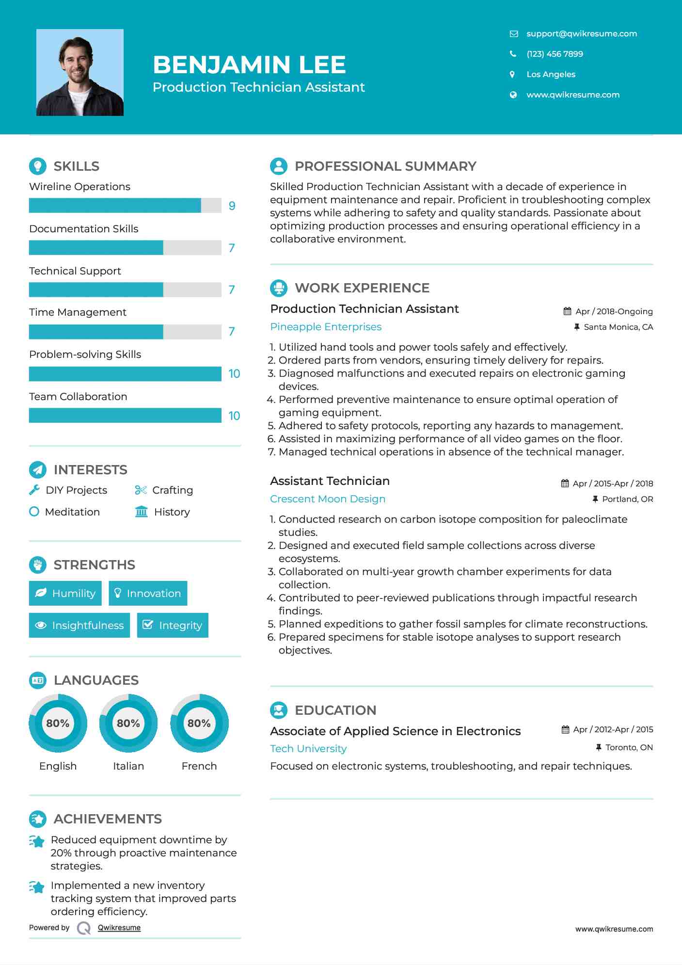 Production Technician Assistant Resume Model