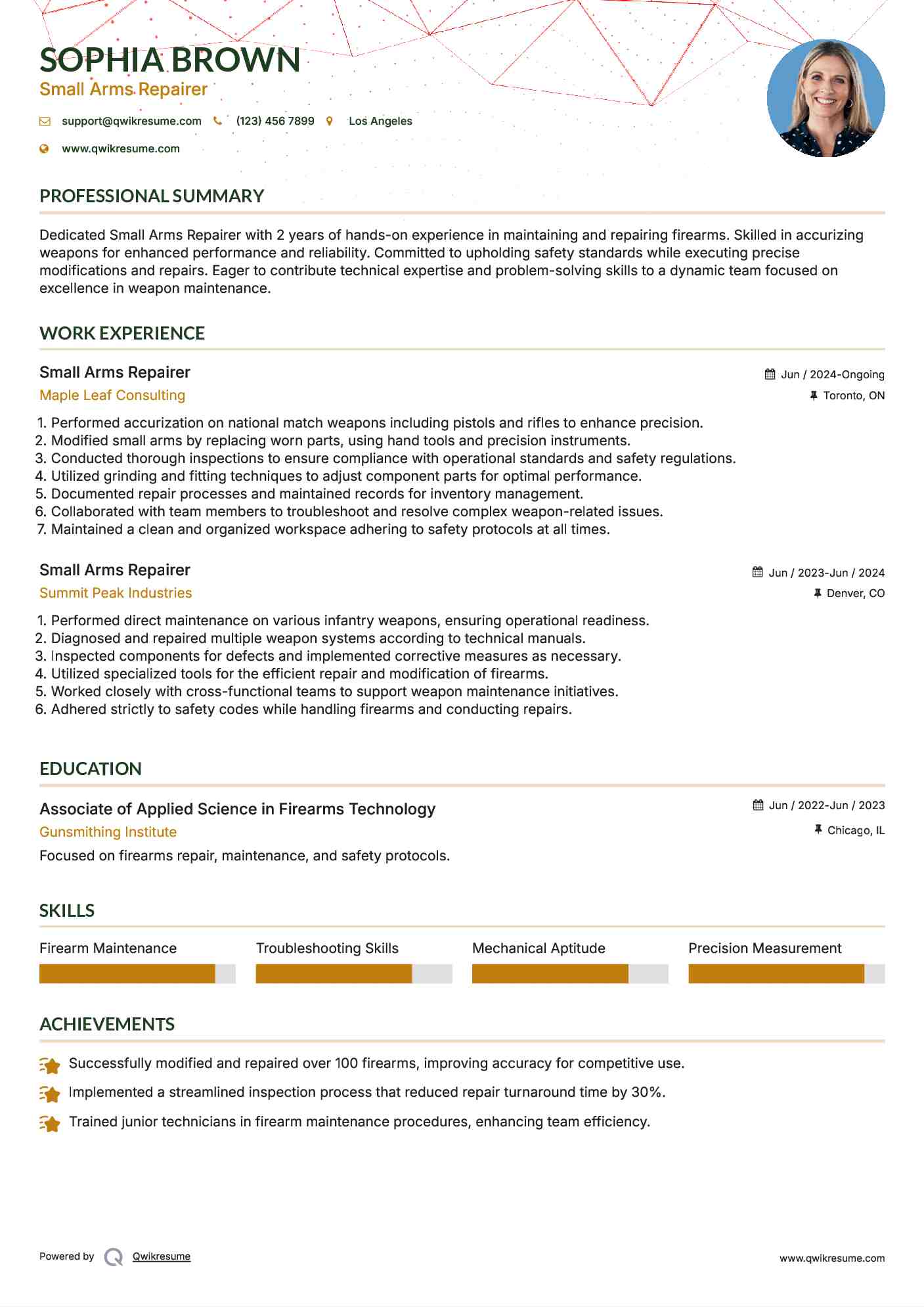 Small Arms Repairer Resume Sample