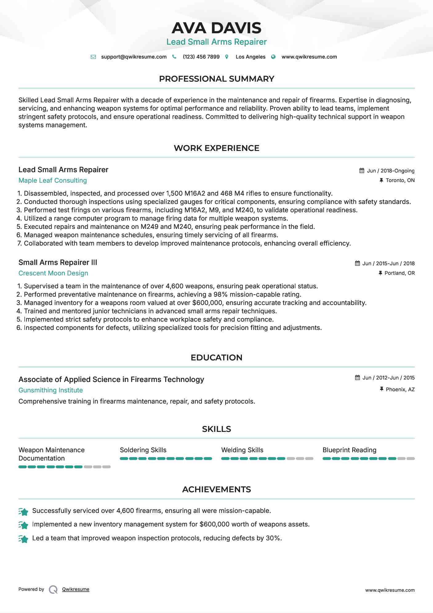 Lead Small Arms Repairer Resume Template