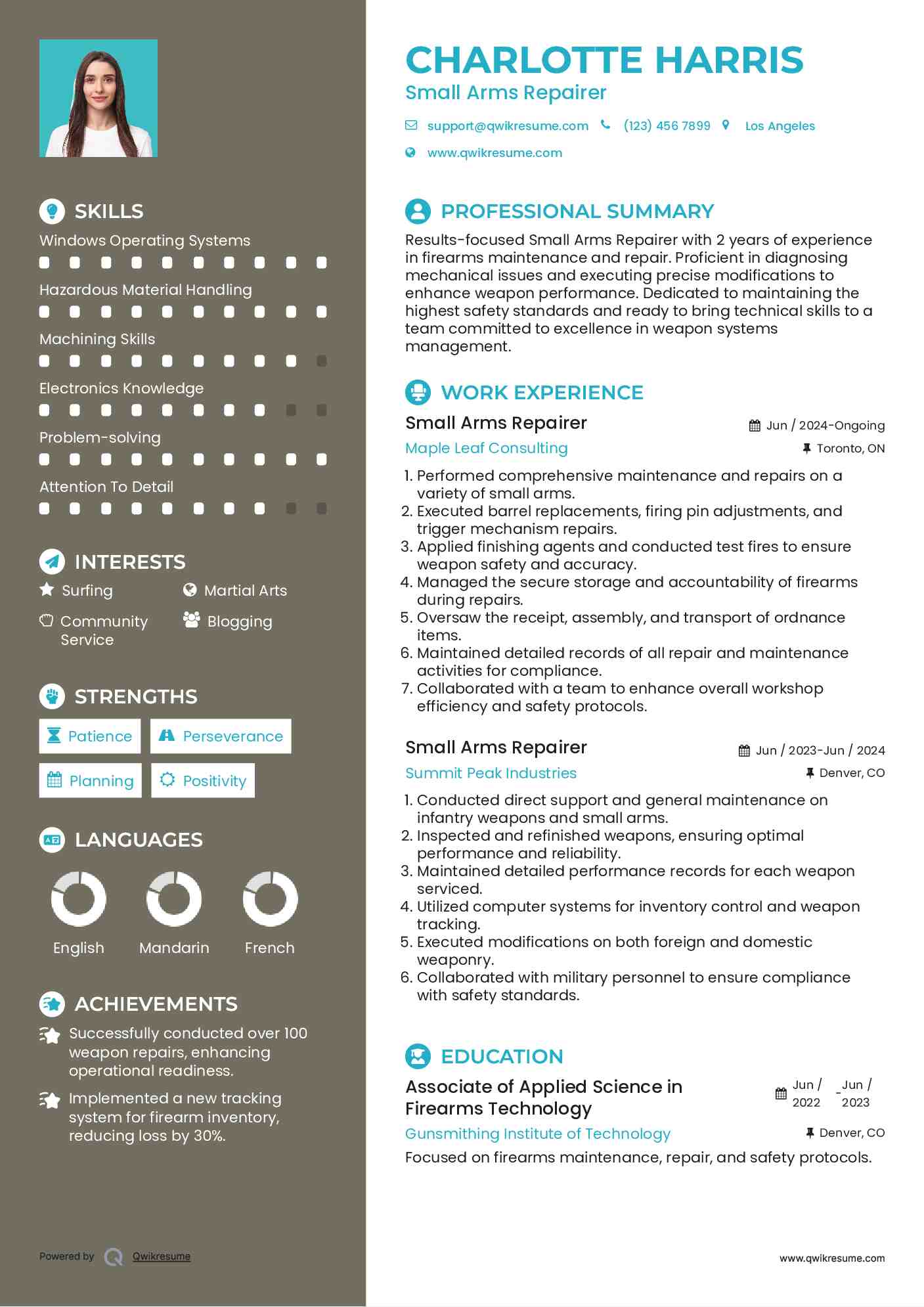 Small Arms Repairer Resume Example