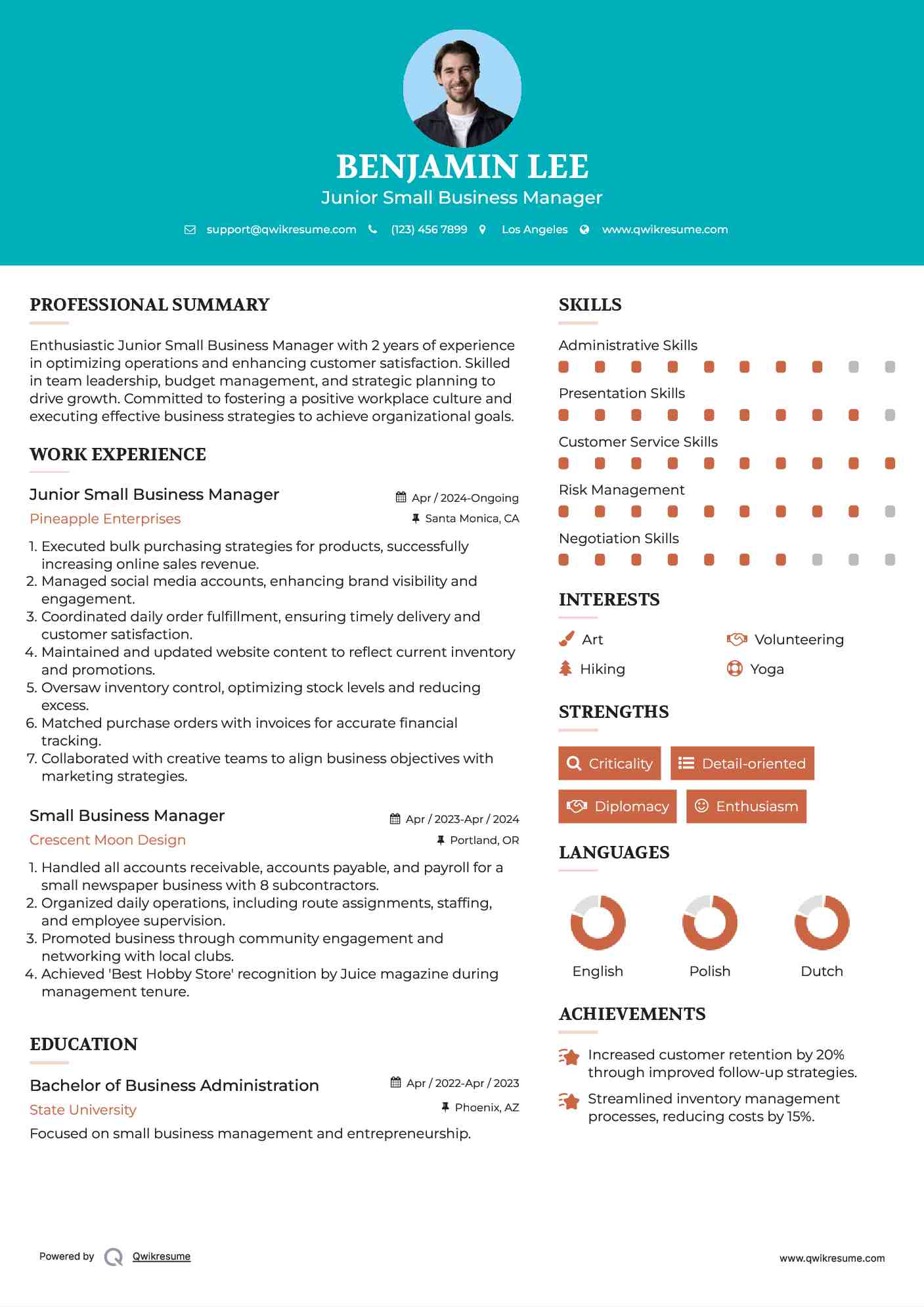 Junior Small Business Manager Resume Template