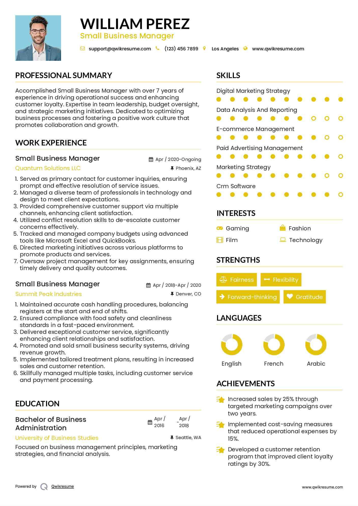 Small Business Manager Resume Model