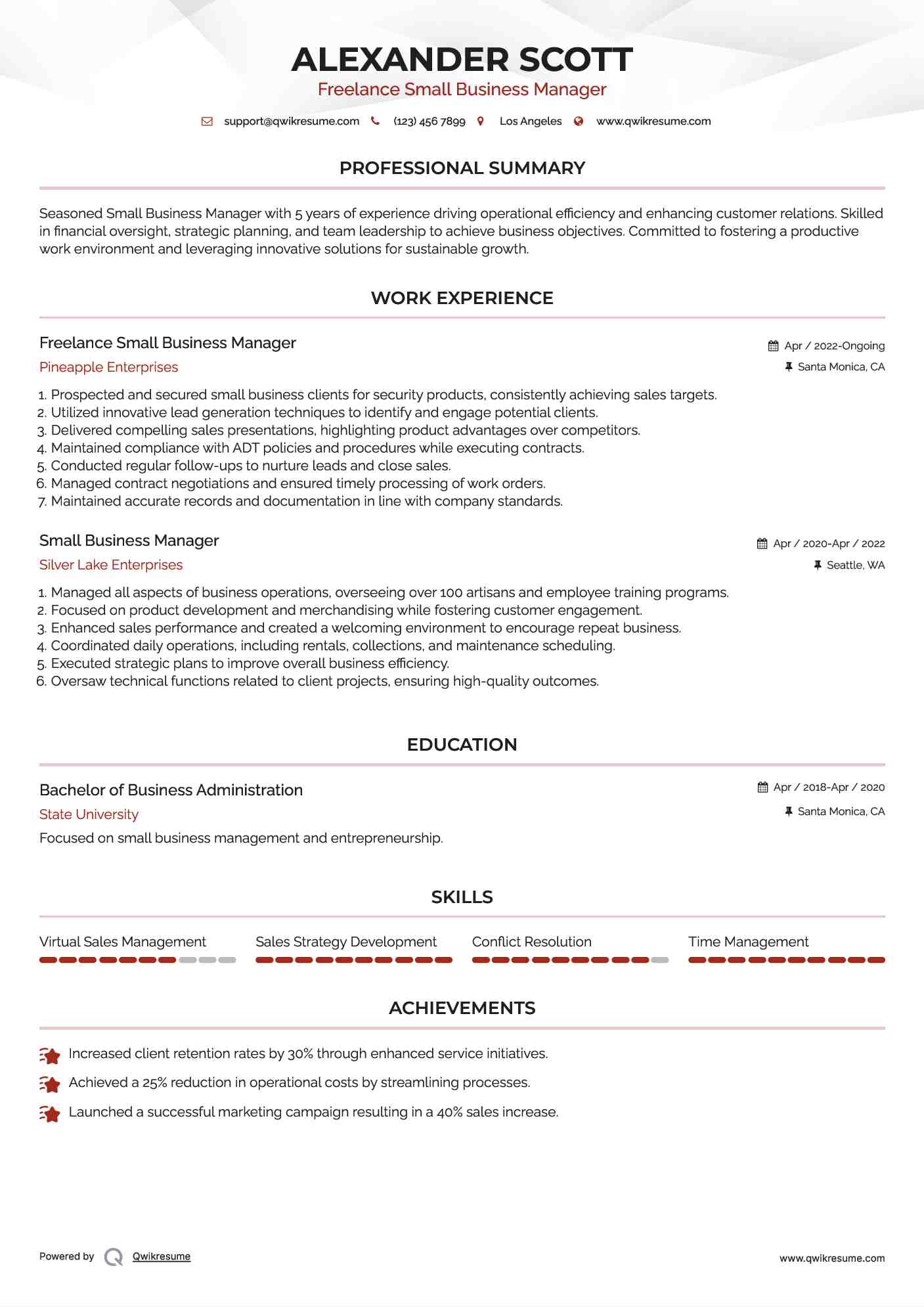 Freelance Small Business Manager Resume Model