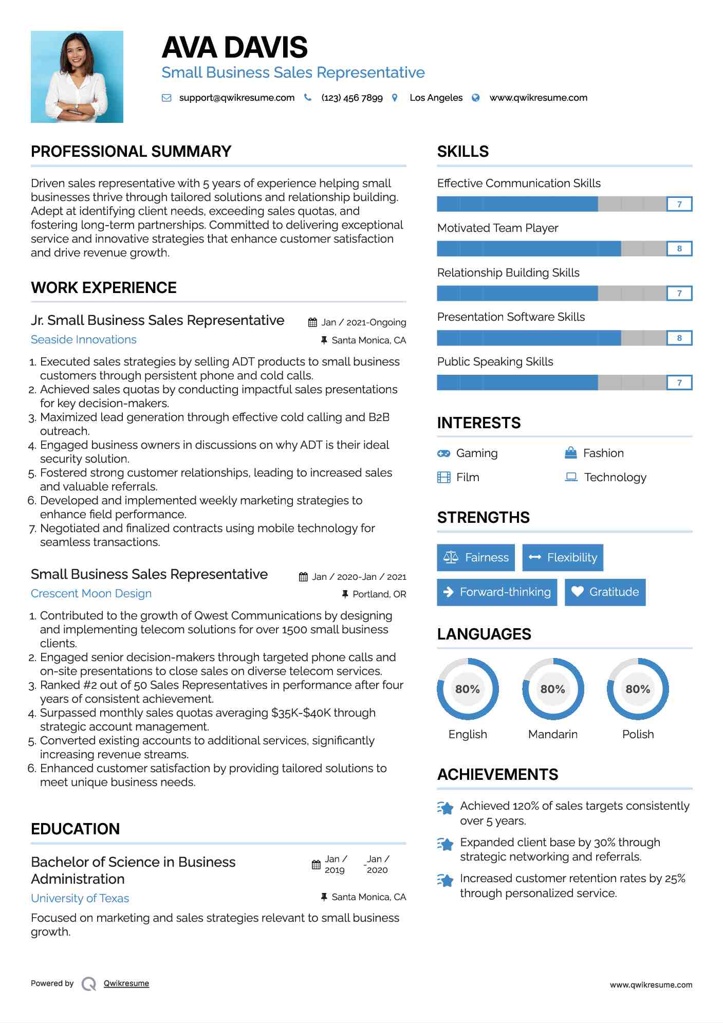 Jr. Small Business Sales Representative Resume Template