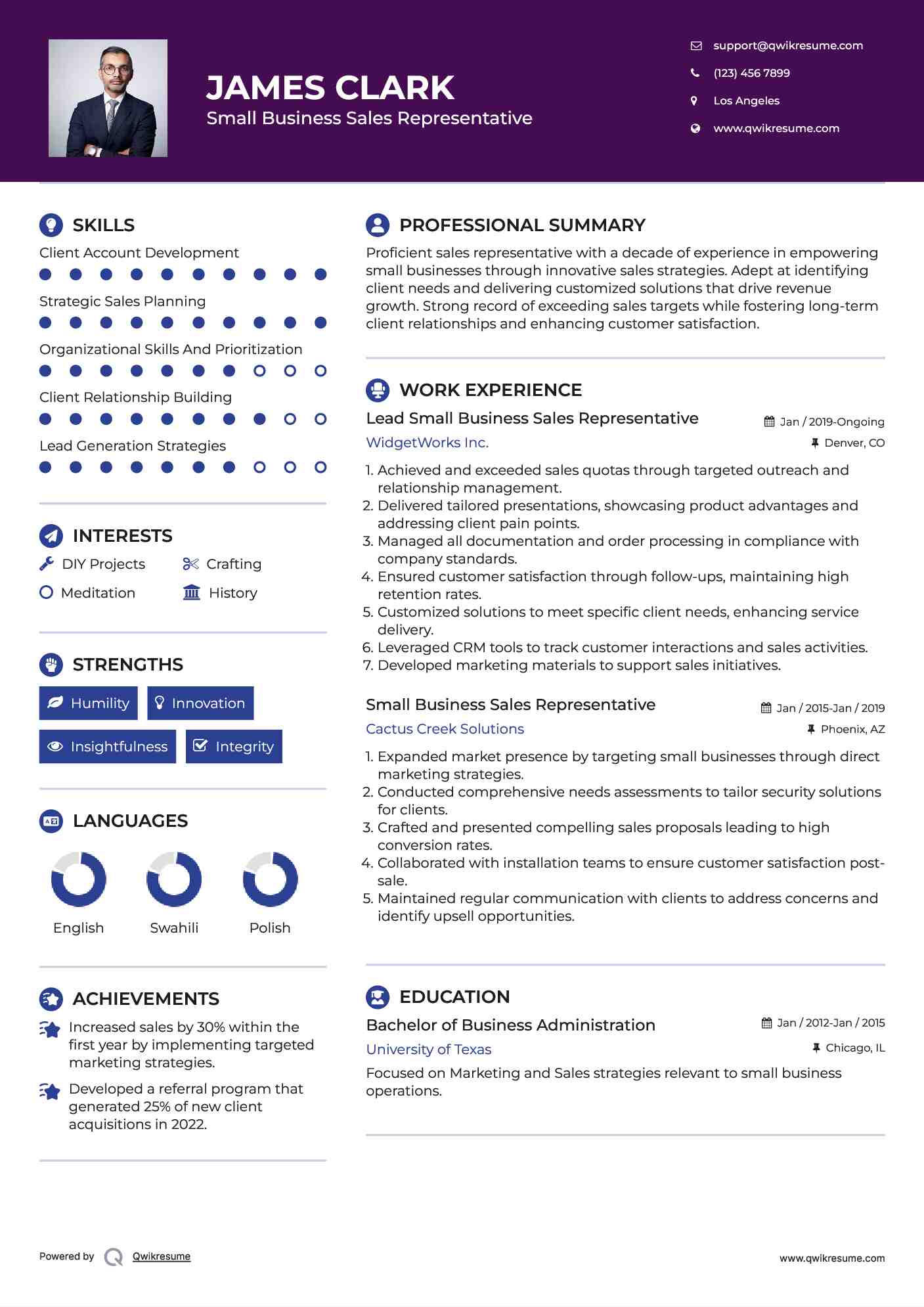 Lead Small Business Sales Representative Resume Example