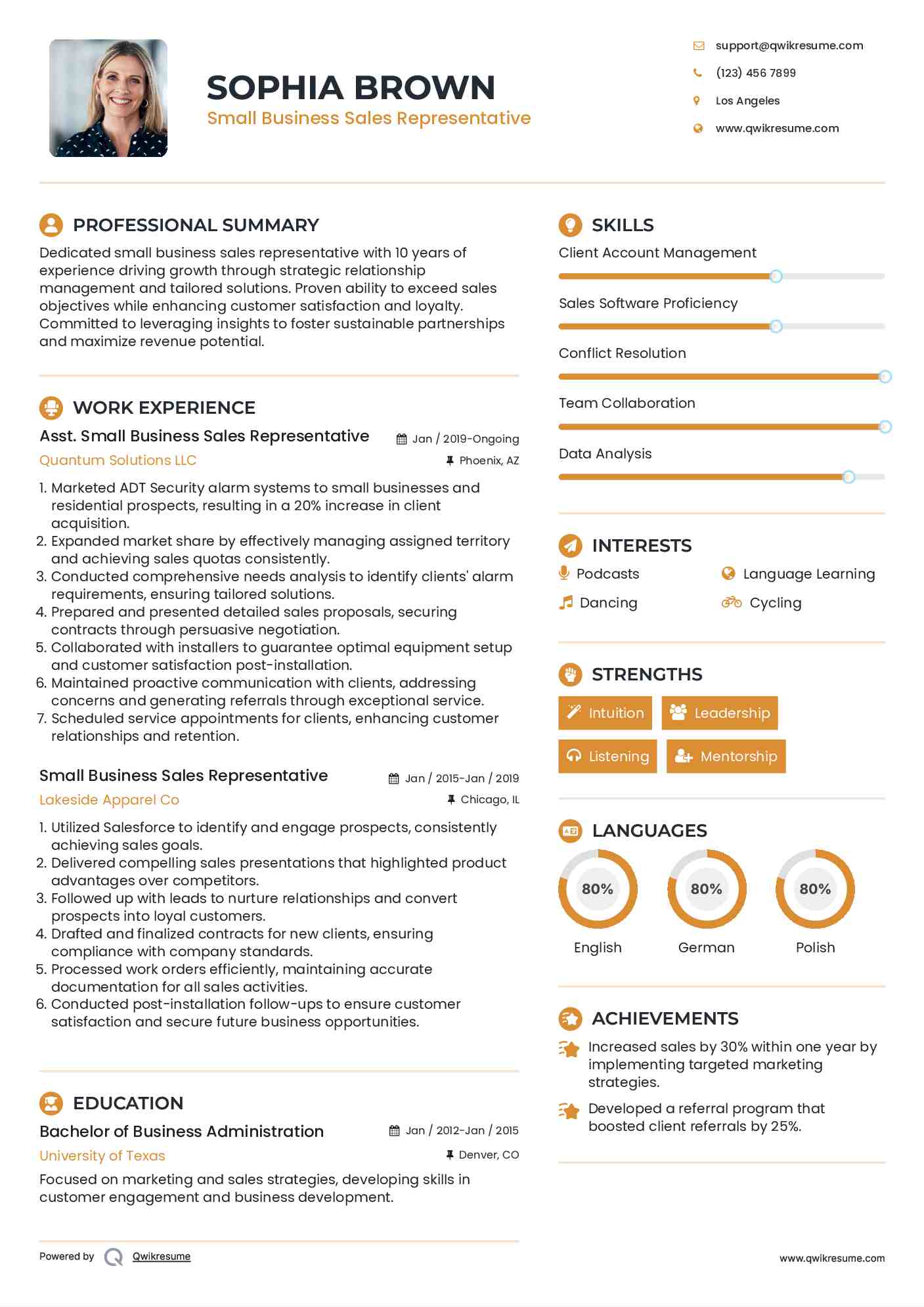 Asst. Small Business Sales Representative Resume Model