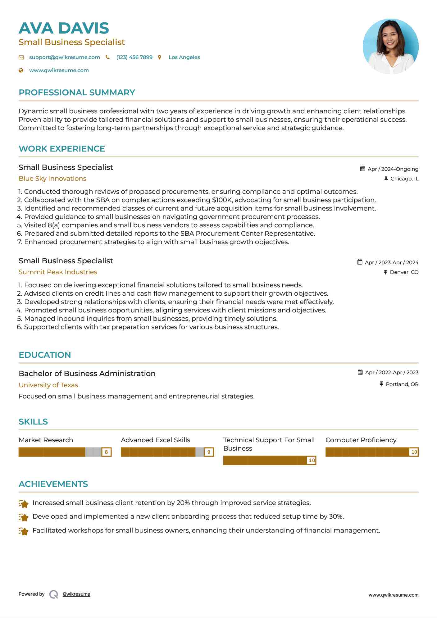 Small Business Specialist Resume Format