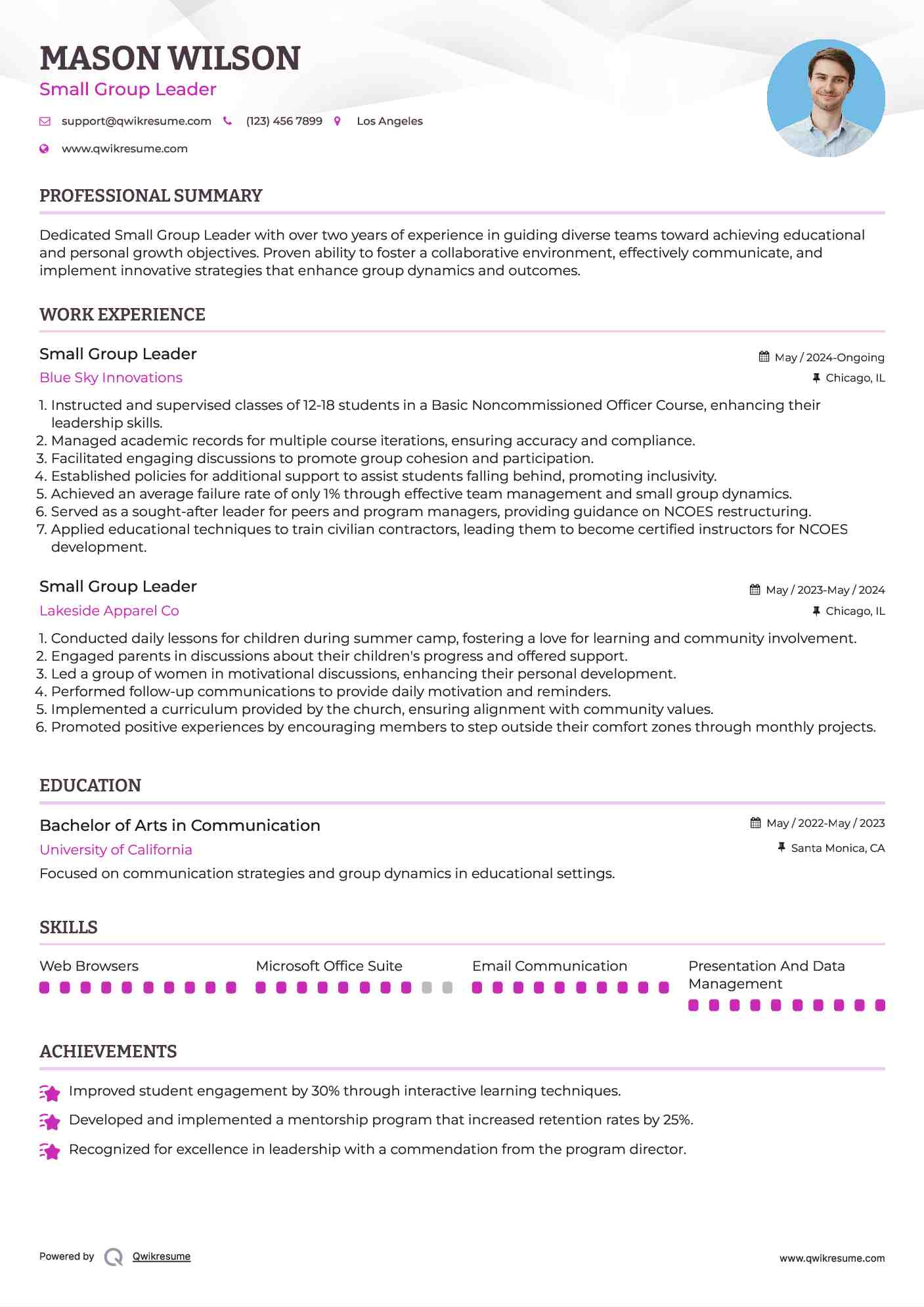 Small Group Leader Resume Model