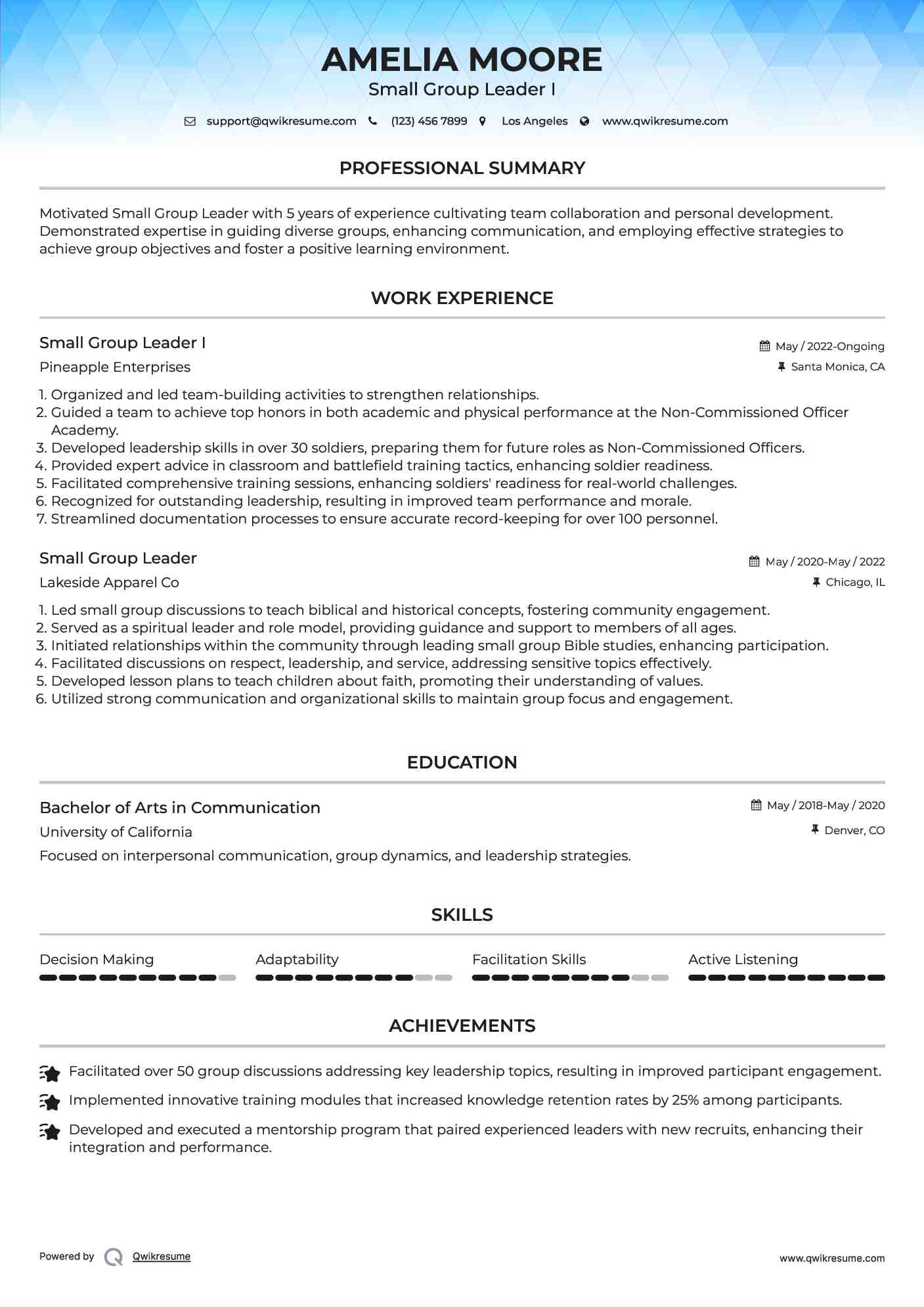 Small Group Leader I Resume Format