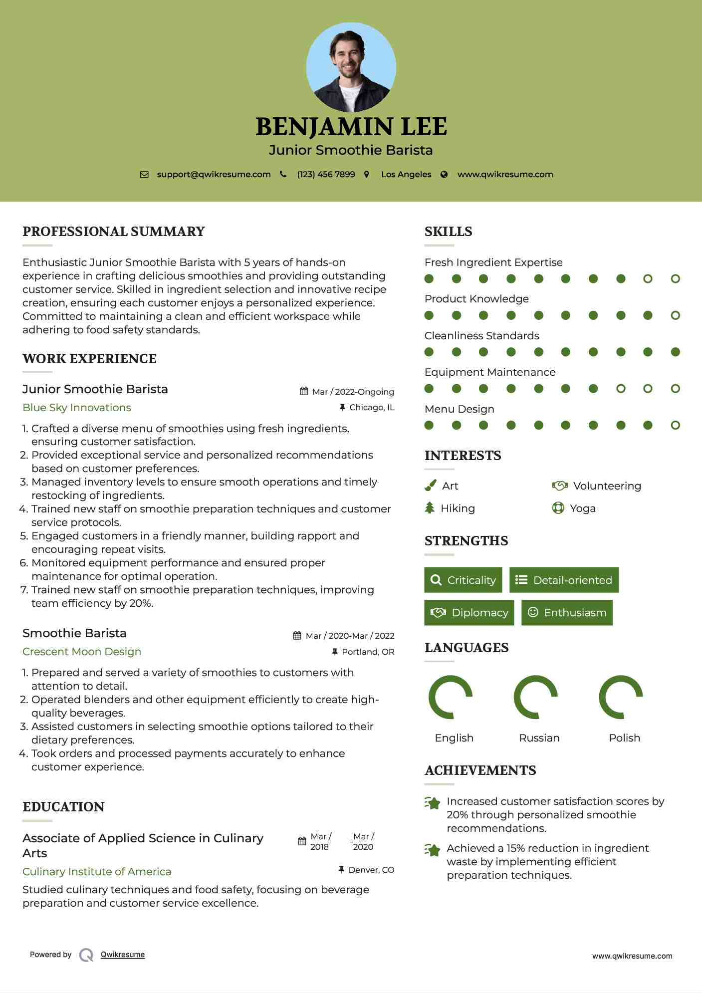 Junior Smoothie Barista Resume Template