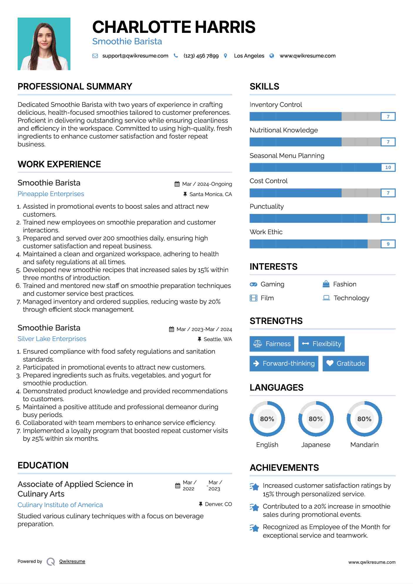 Smoothie Barista Resume Sample