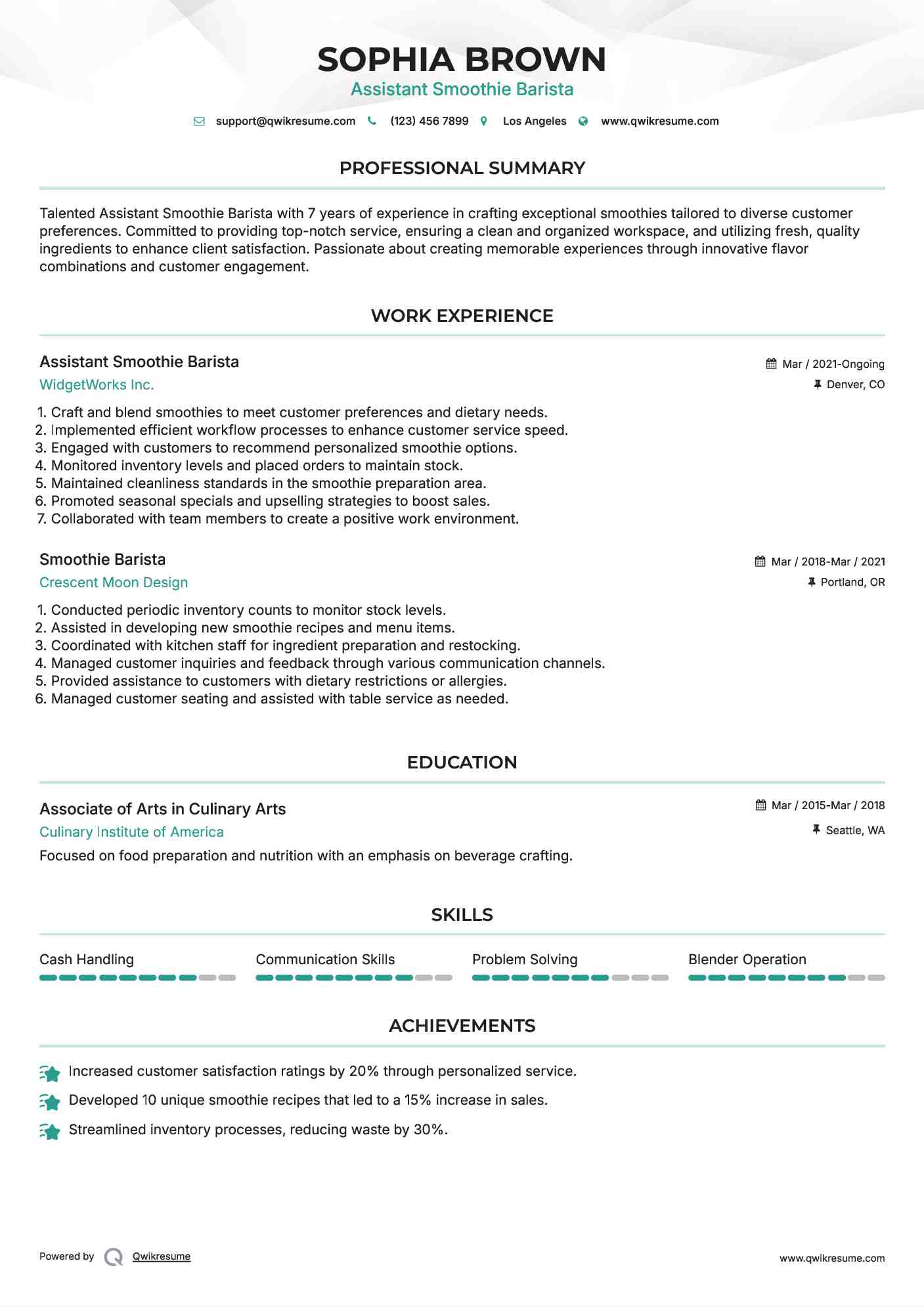 Assistant Smoothie Barista Resume Sample