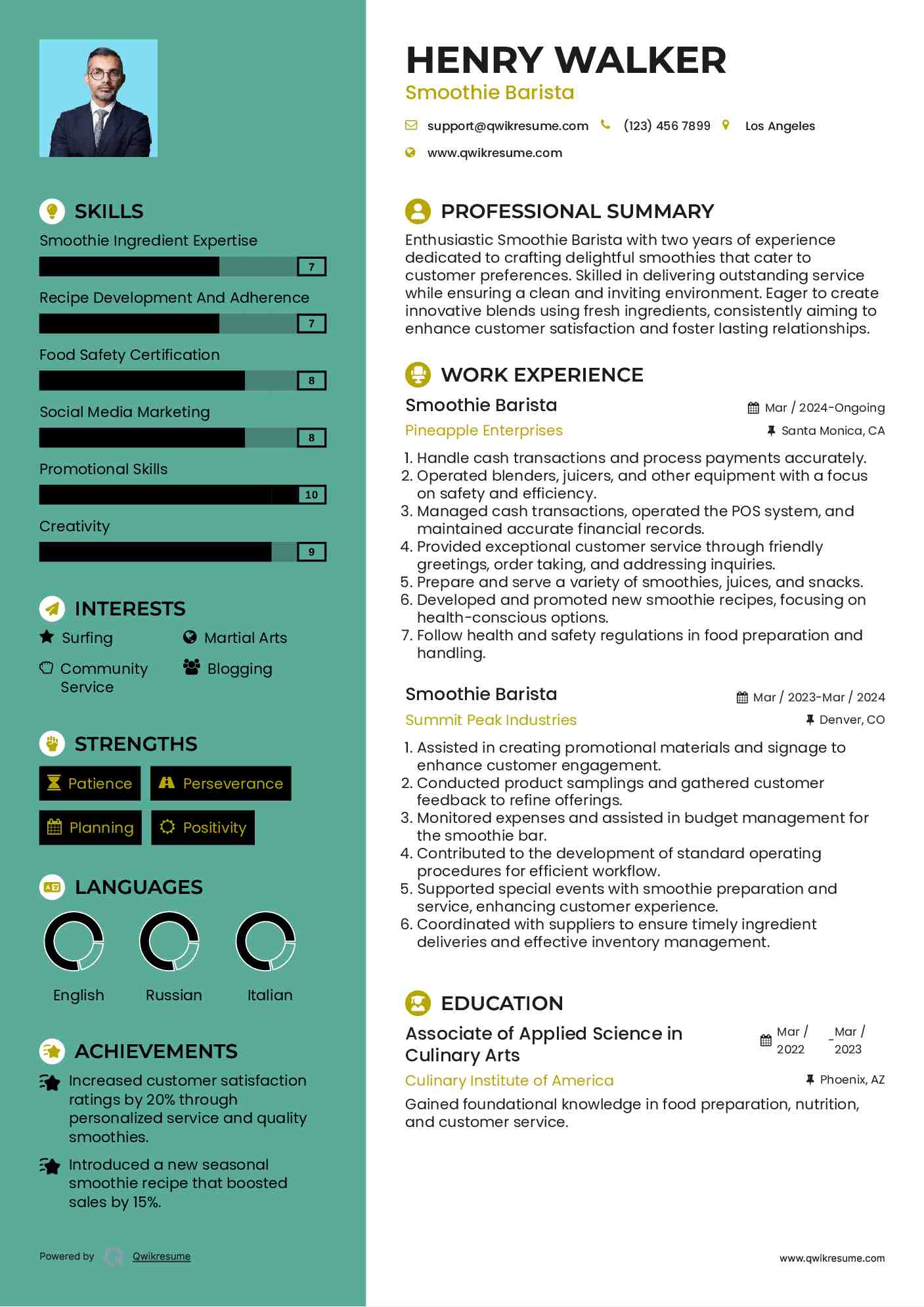 Smoothie Barista Resume Example