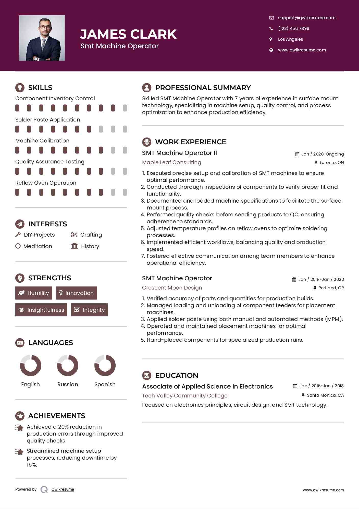 SMT Machine Operator II Resume Sample