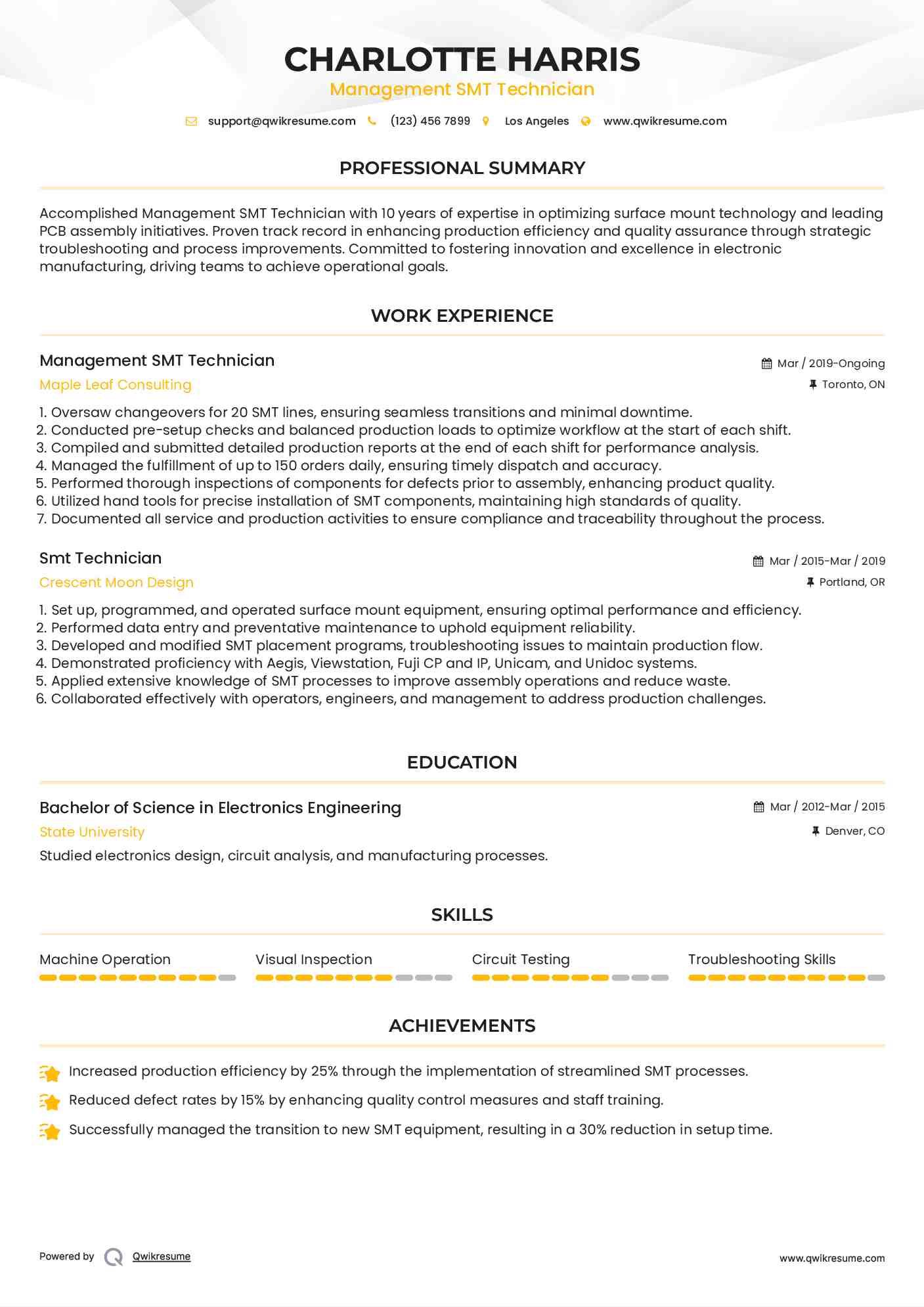 Management SMT Technician Resume Template
