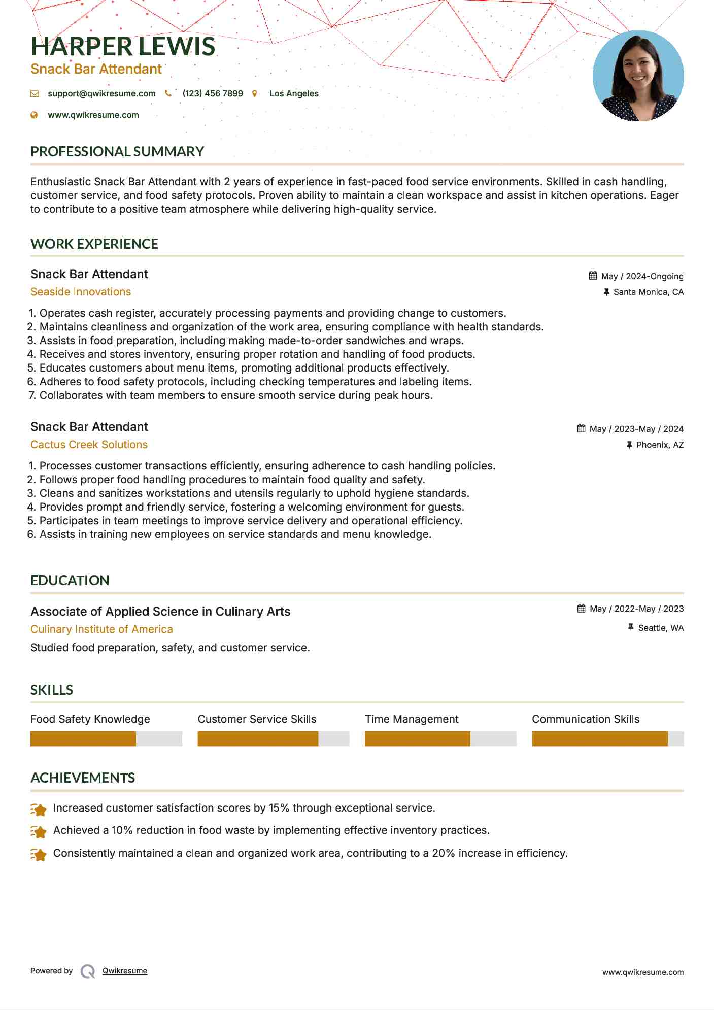 Snack Bar Attendant Resume Example