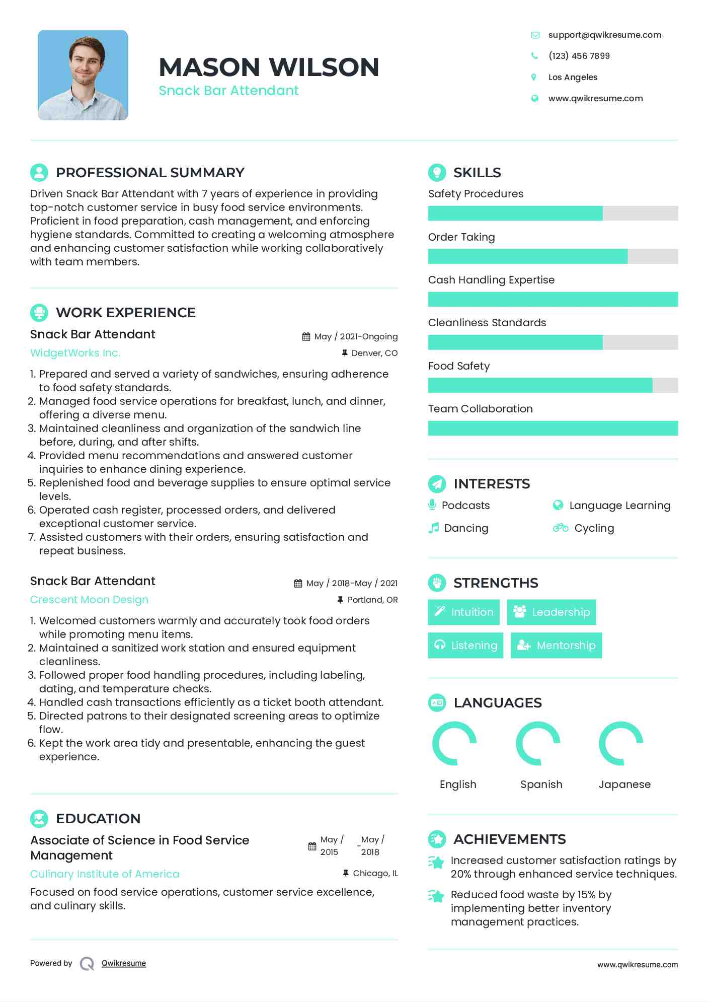 Snack Bar Attendant Resume Example