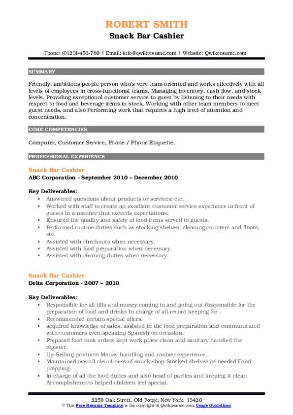Snack Bar Cashier Resume Samples QwikResume