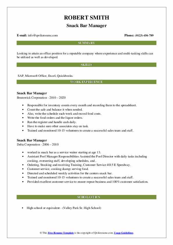 Snack Bar Manager Resume Samples QwikResume