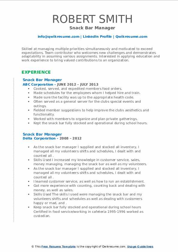 Snack Bar Manager Resume Samples QwikResume