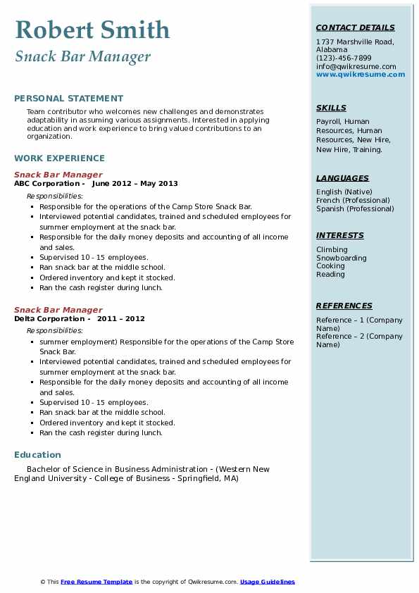 Snack Bar Manager Resume Samples - Snack Bar Manager 1616480162 Pdf 