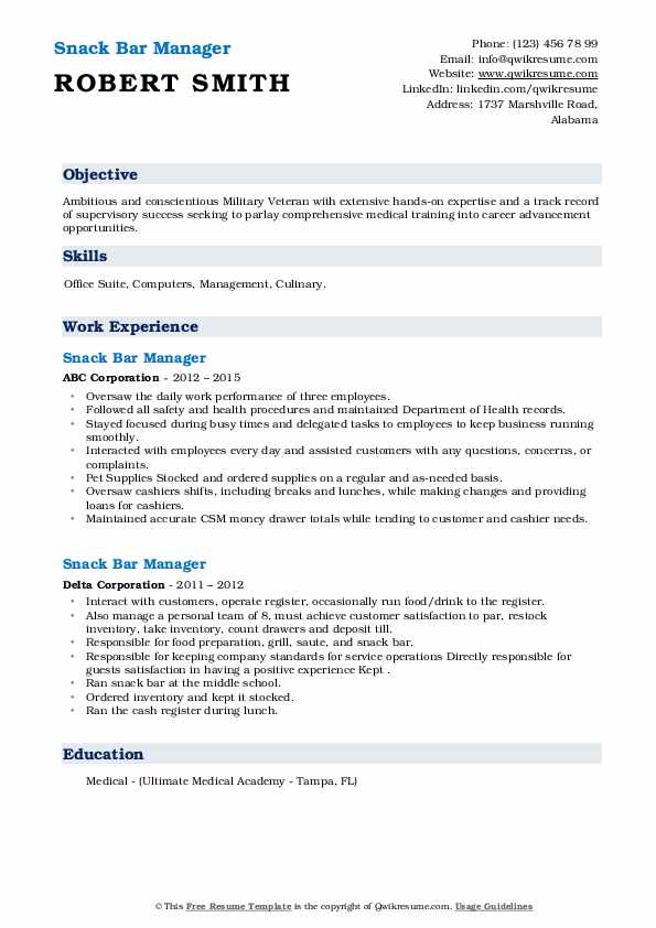 Snack Bar Manager Resume Samples QwikResume