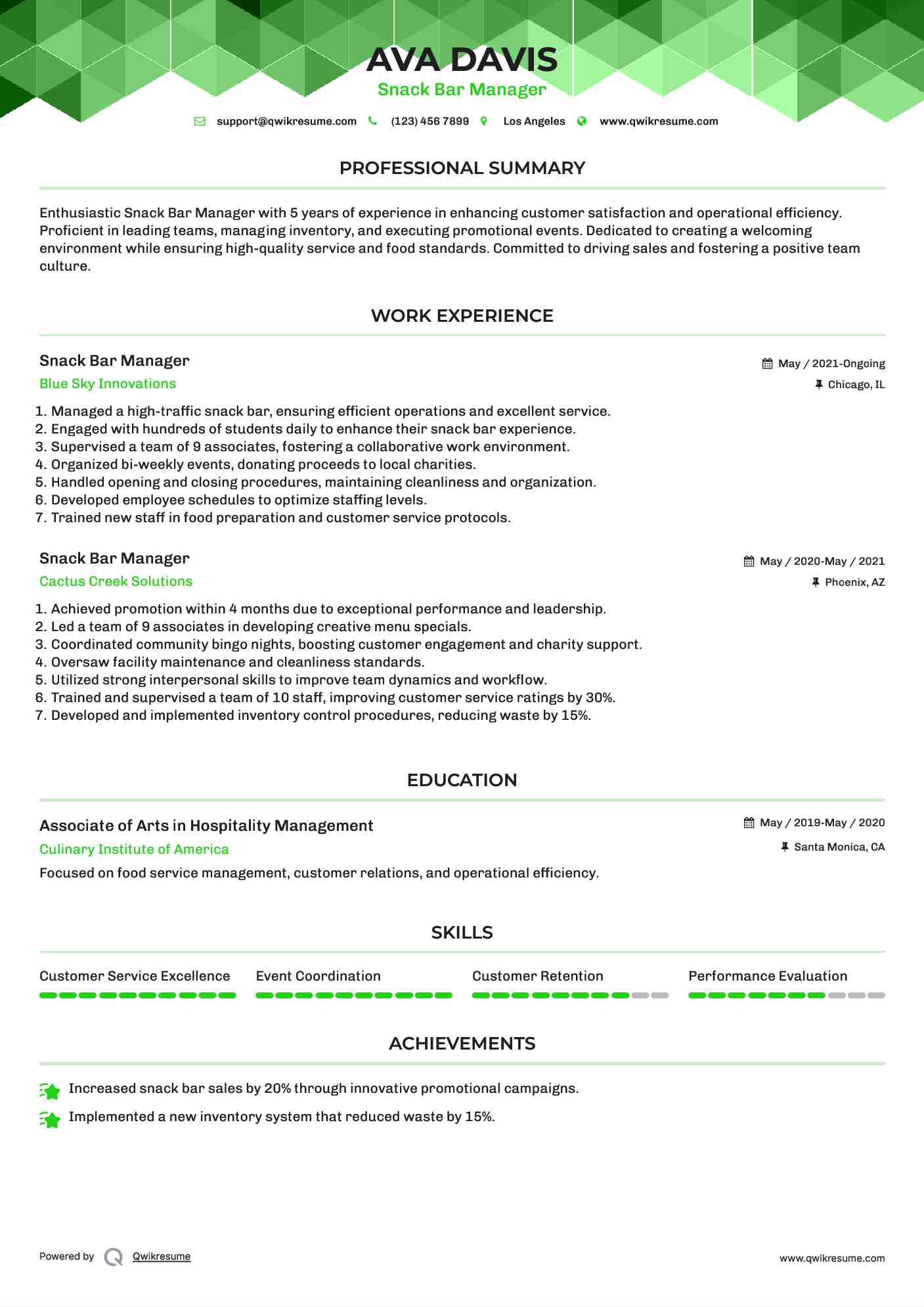 Snack Bar Manager Resume Example