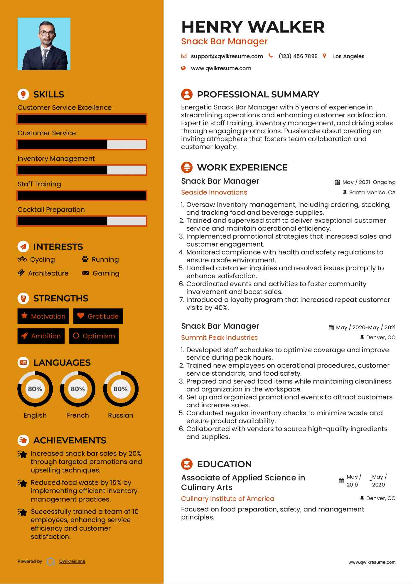 Snack Bar Manager Resume Samples QwikResume