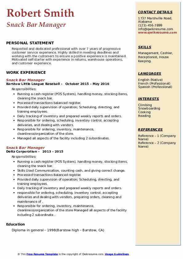 Snack Bar Manager Resume Samples - Snack Bar Manager 1616480300 Pdf 