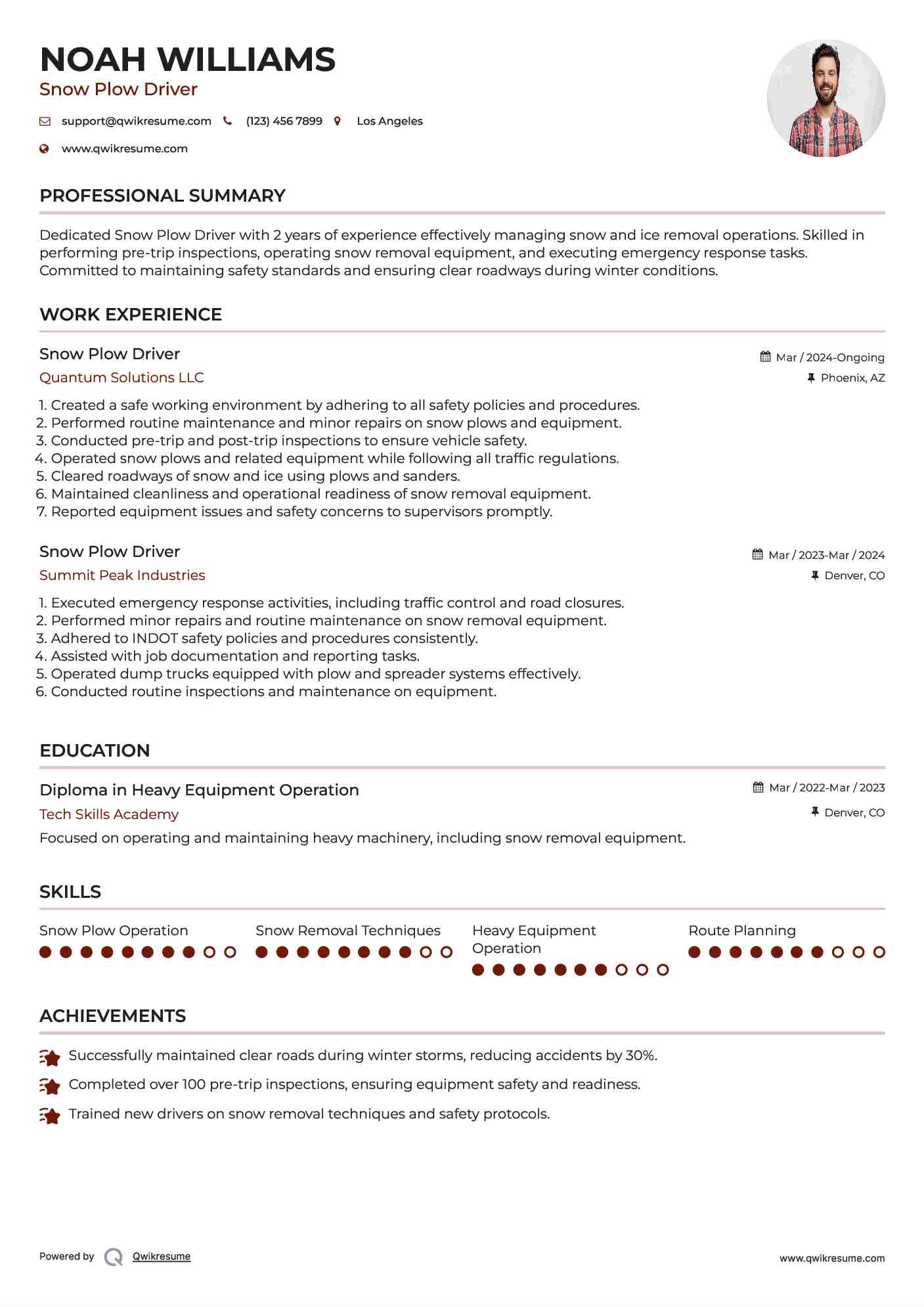 Snow Plow Driver Resume Template