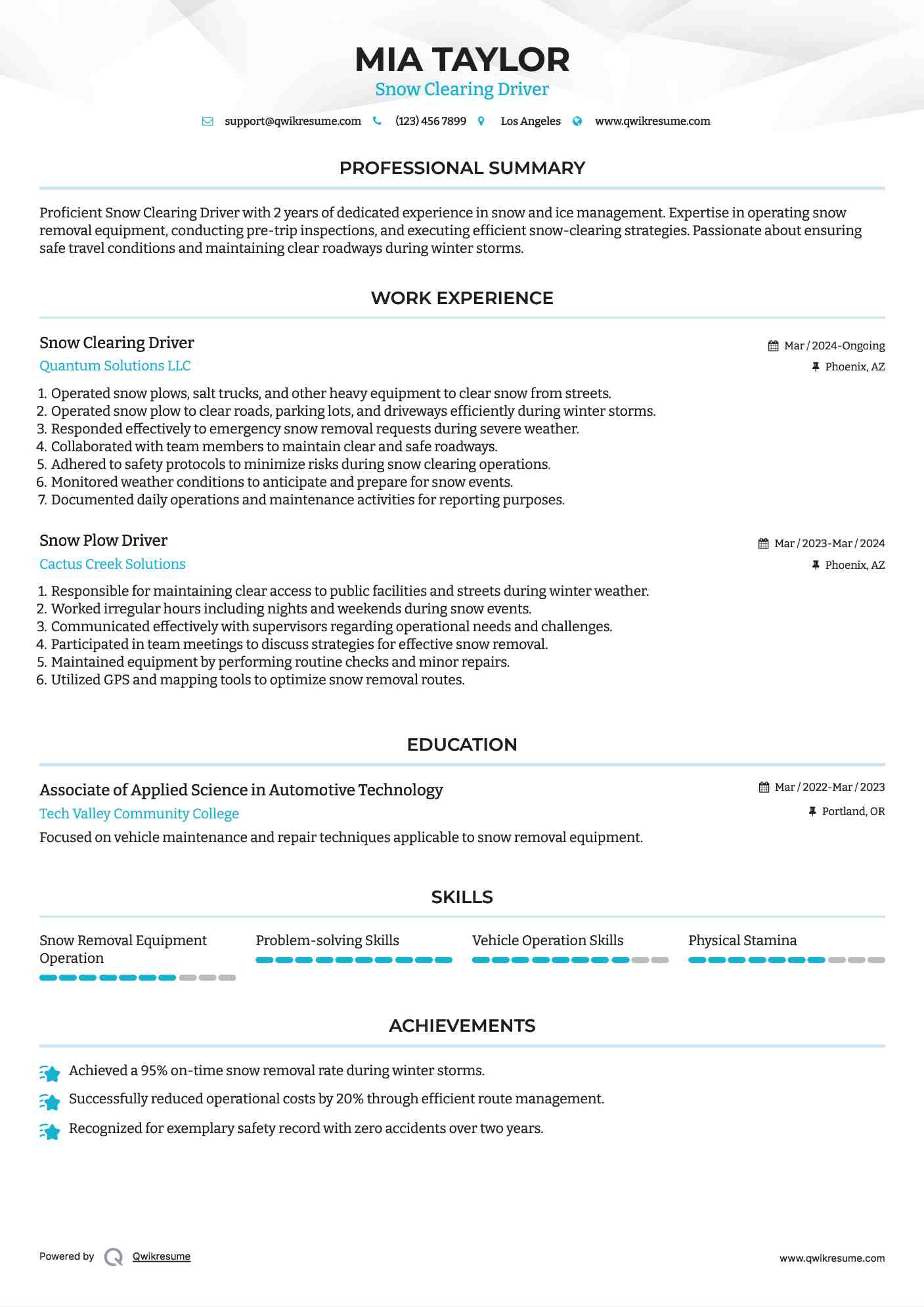 Snow Clearing Driver Resume Format