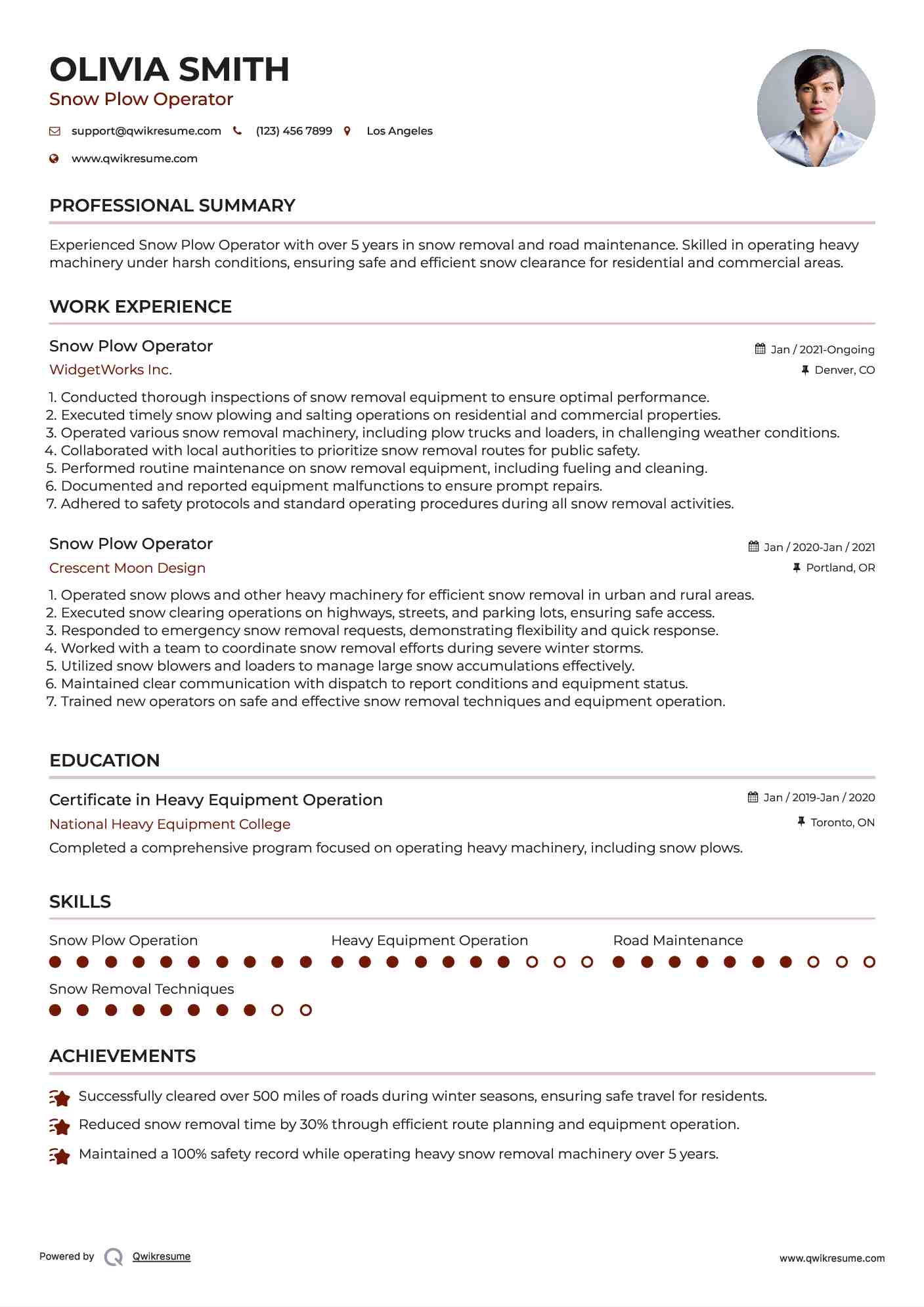 Snow Plow Operator Resume Samples QwikResume
