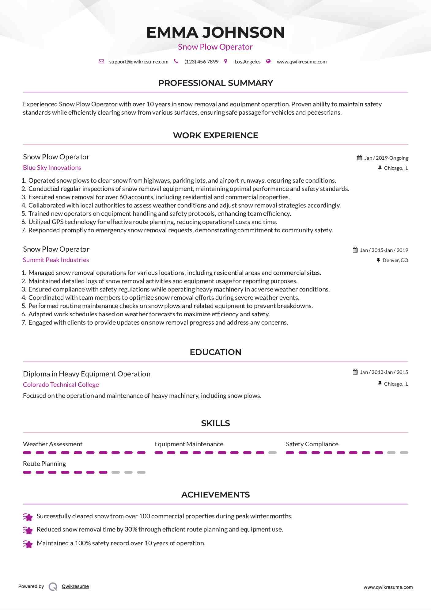 Snow Plow Operator Resume Samples QwikResume