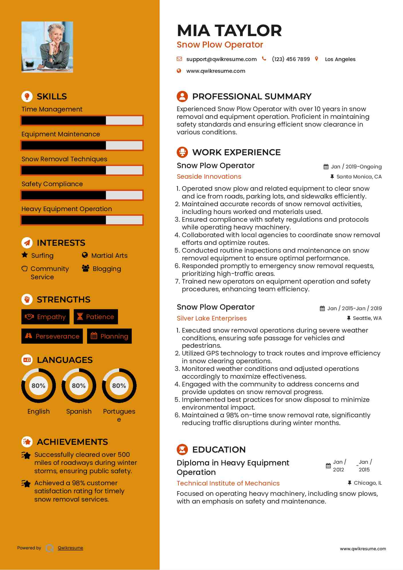 Snow Plow Operator Resume Samples QwikResume