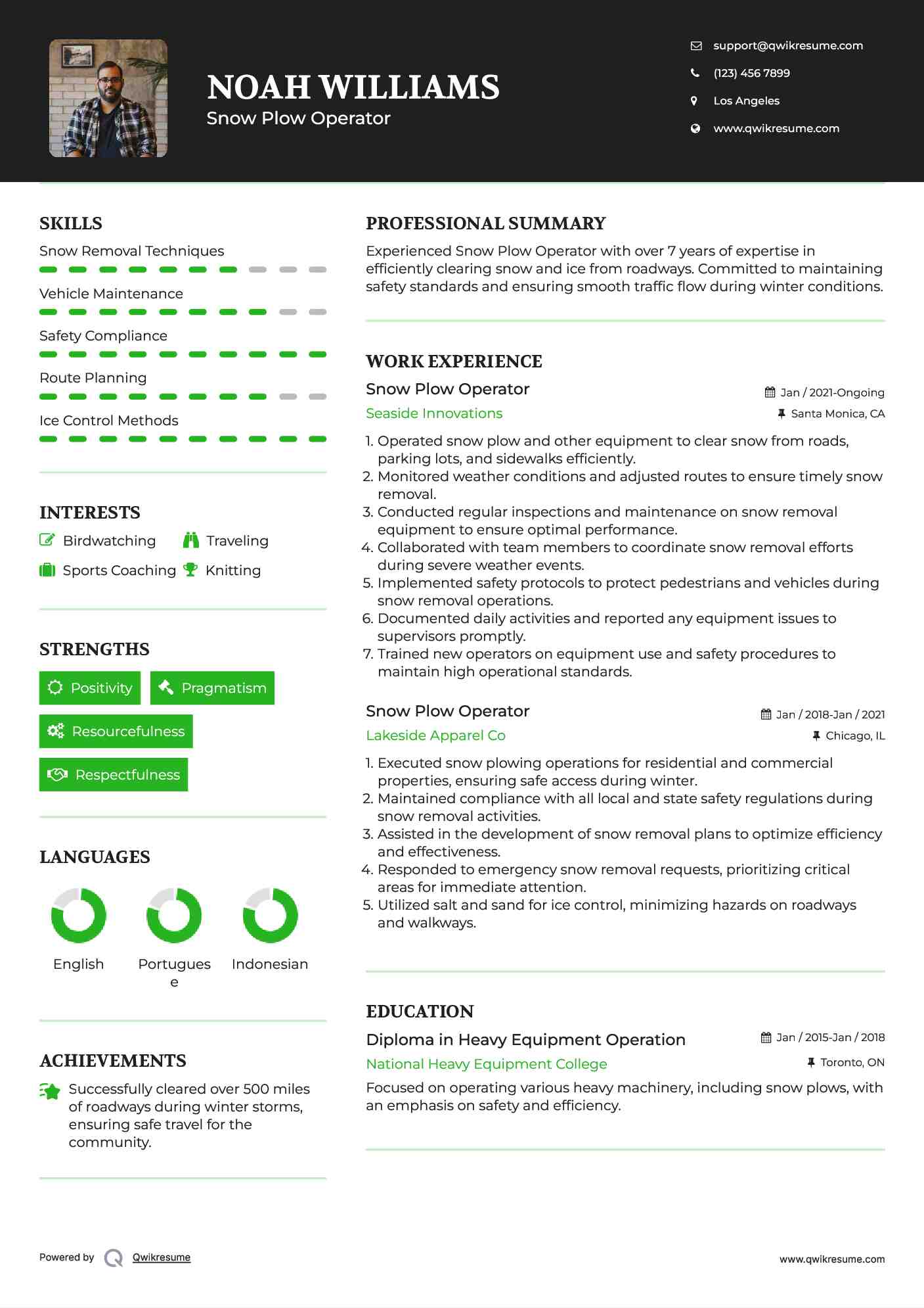 Snow Plow Operator Resume Samples QwikResume