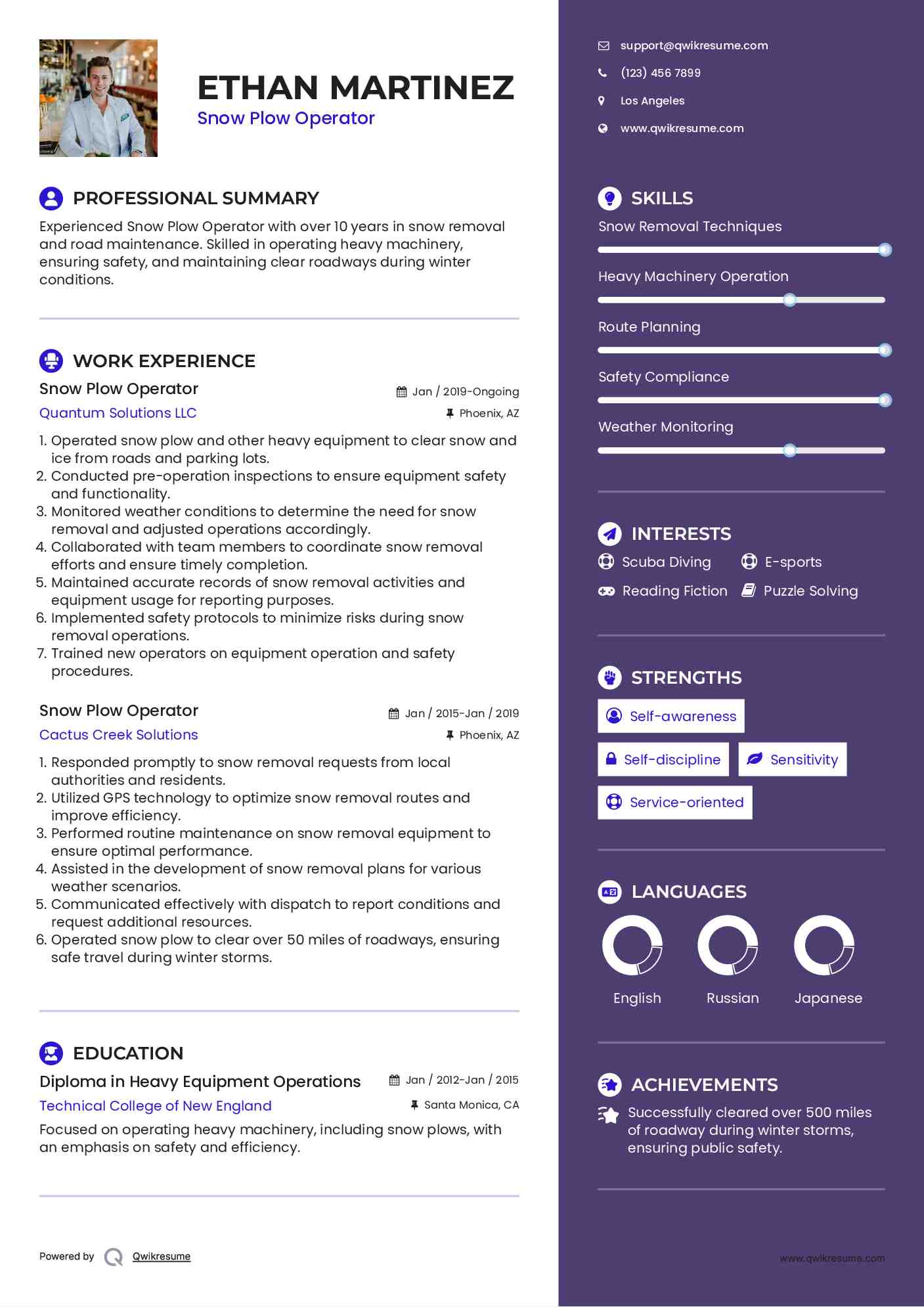 Snow Plow Operator Resume Samples QwikResume