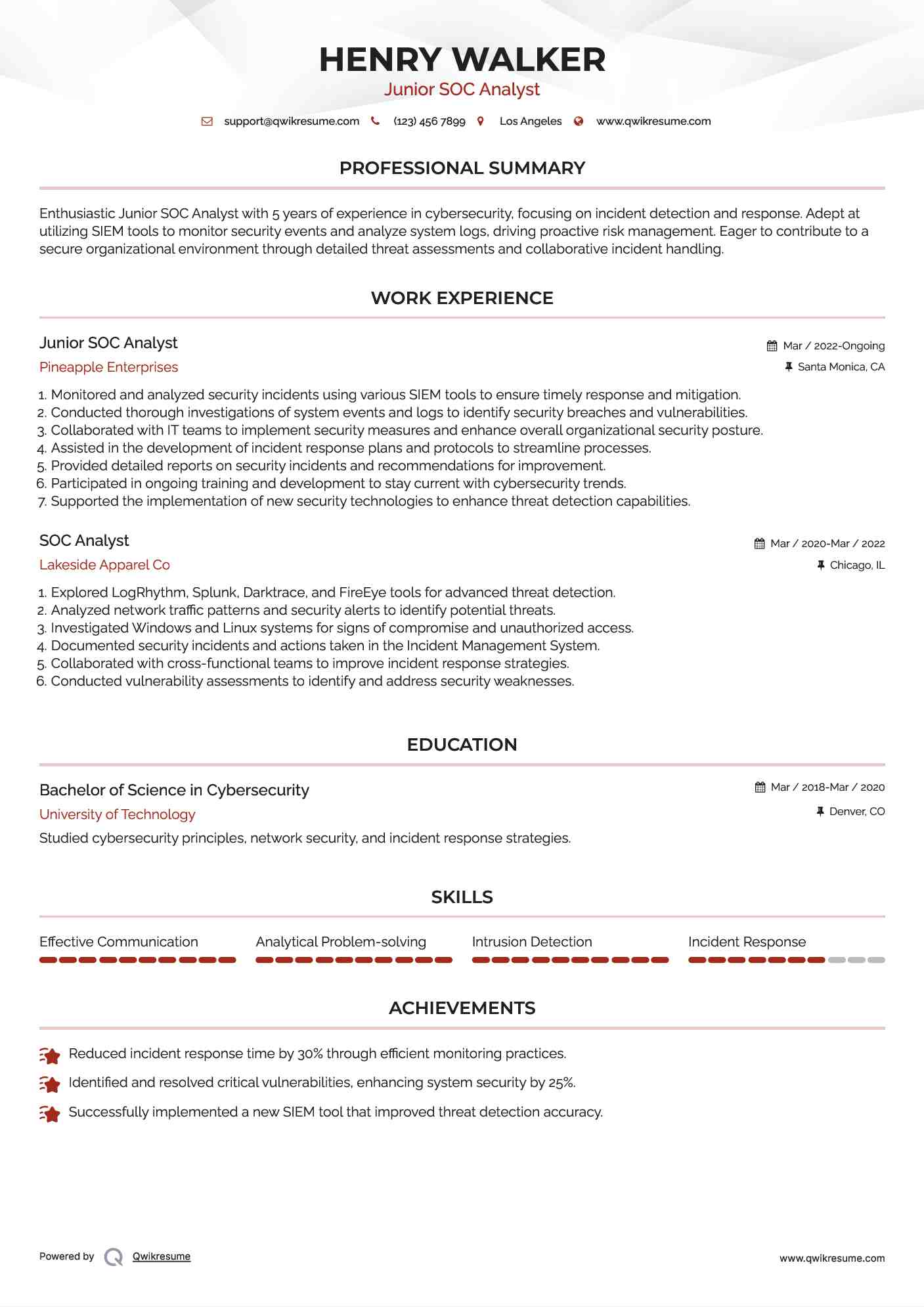 Junior SOC Analyst Resume Example