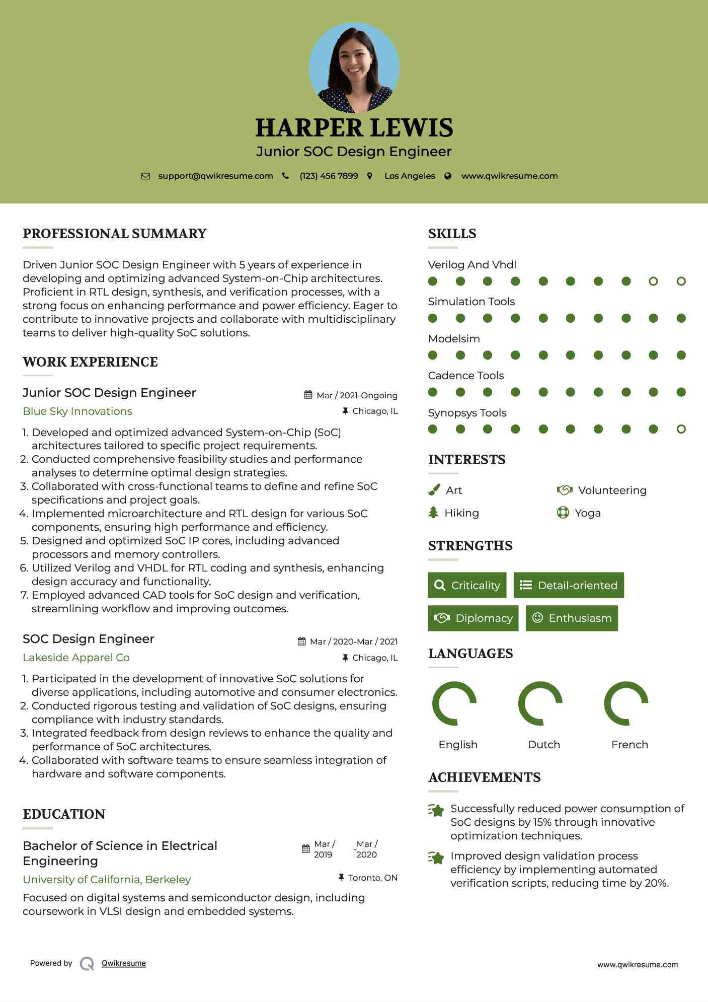 Junior SOC Design Engineer Resume Example