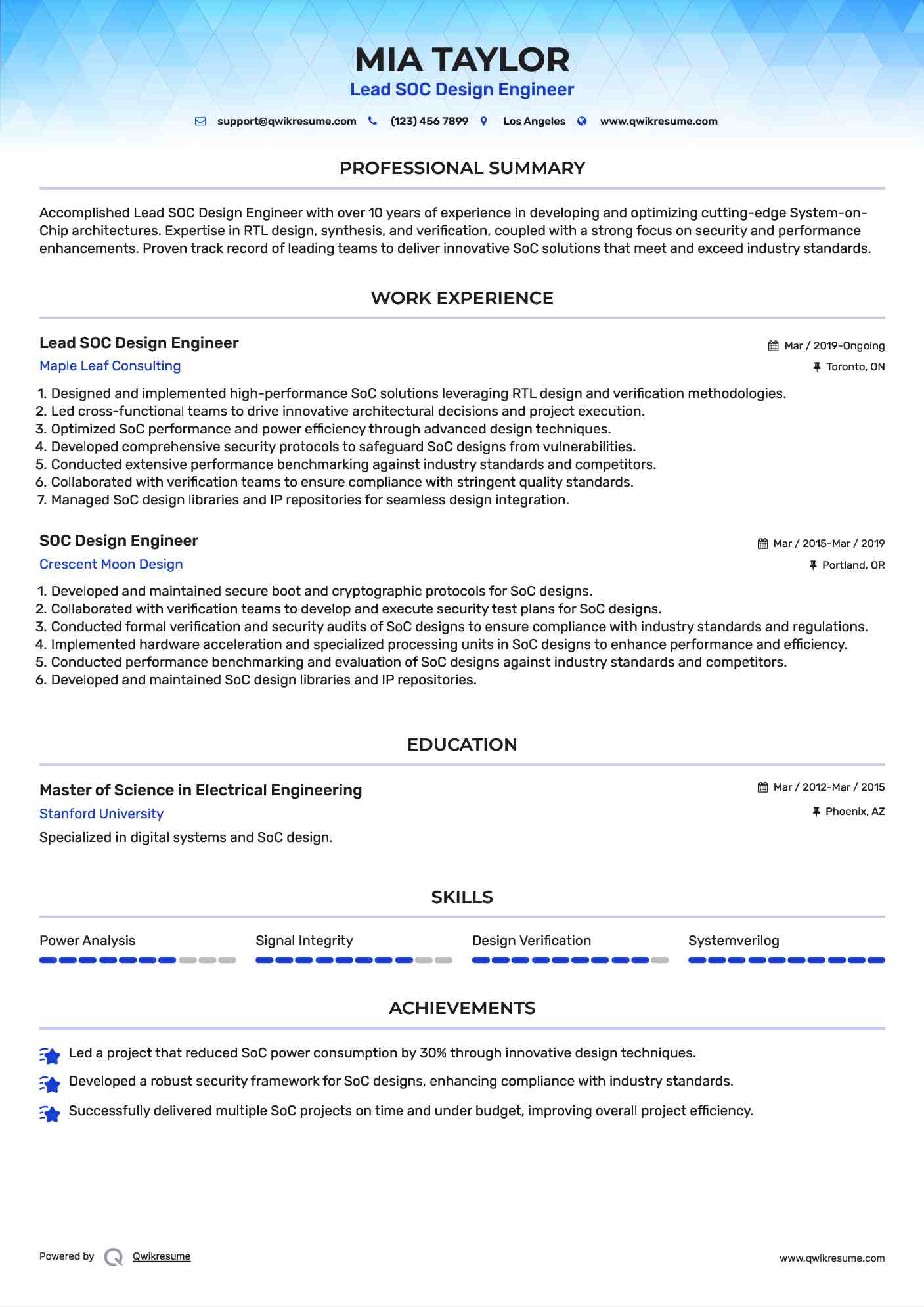 Lead SOC Design Engineer Resume Template