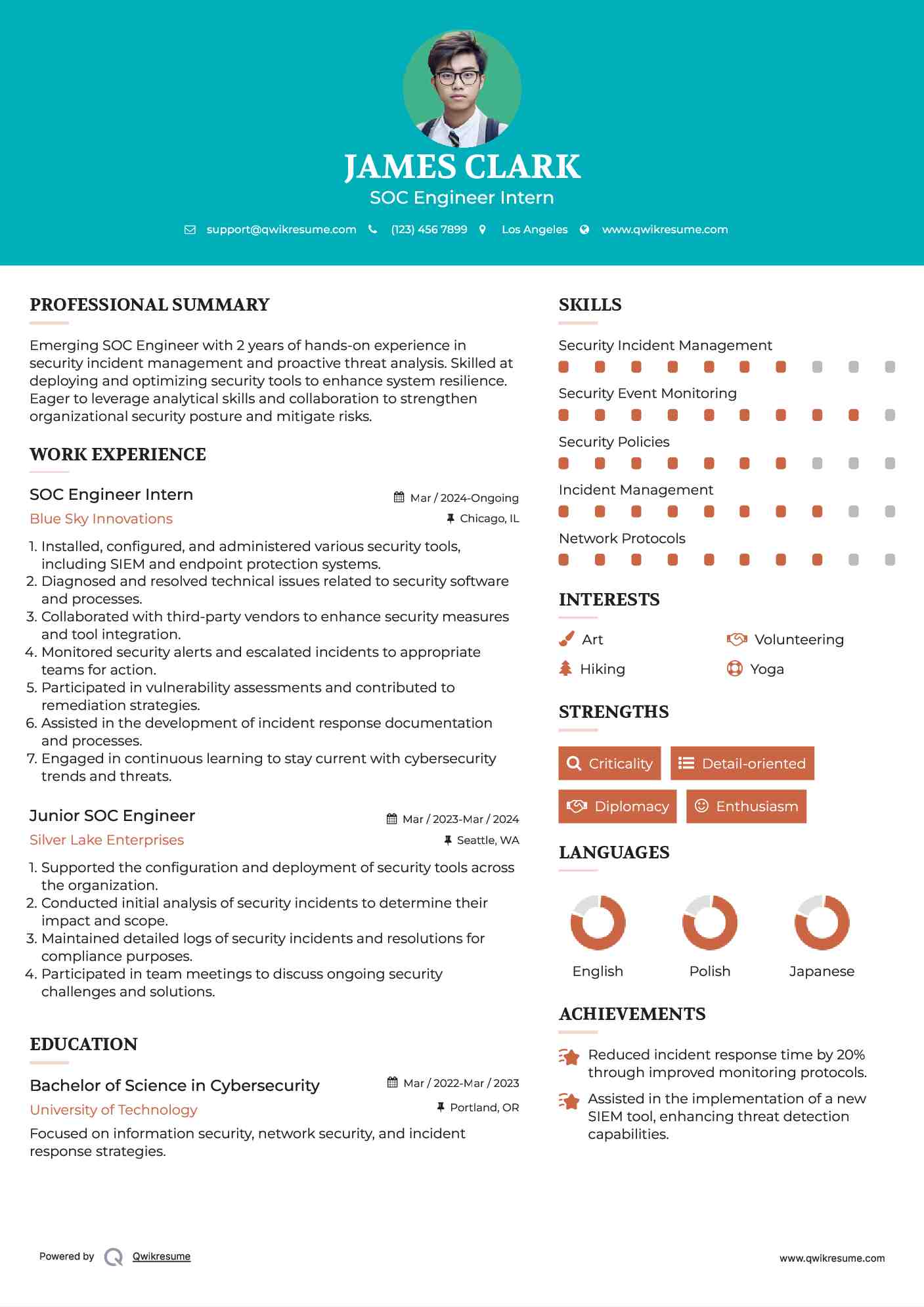 SOC Engineer Intern Resume Model