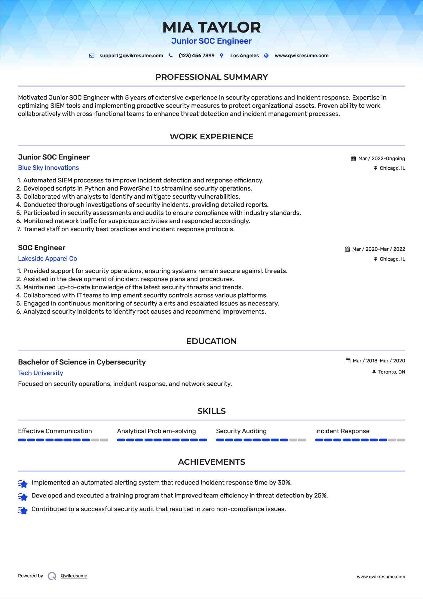 Junior SOC Engineer Resume Model